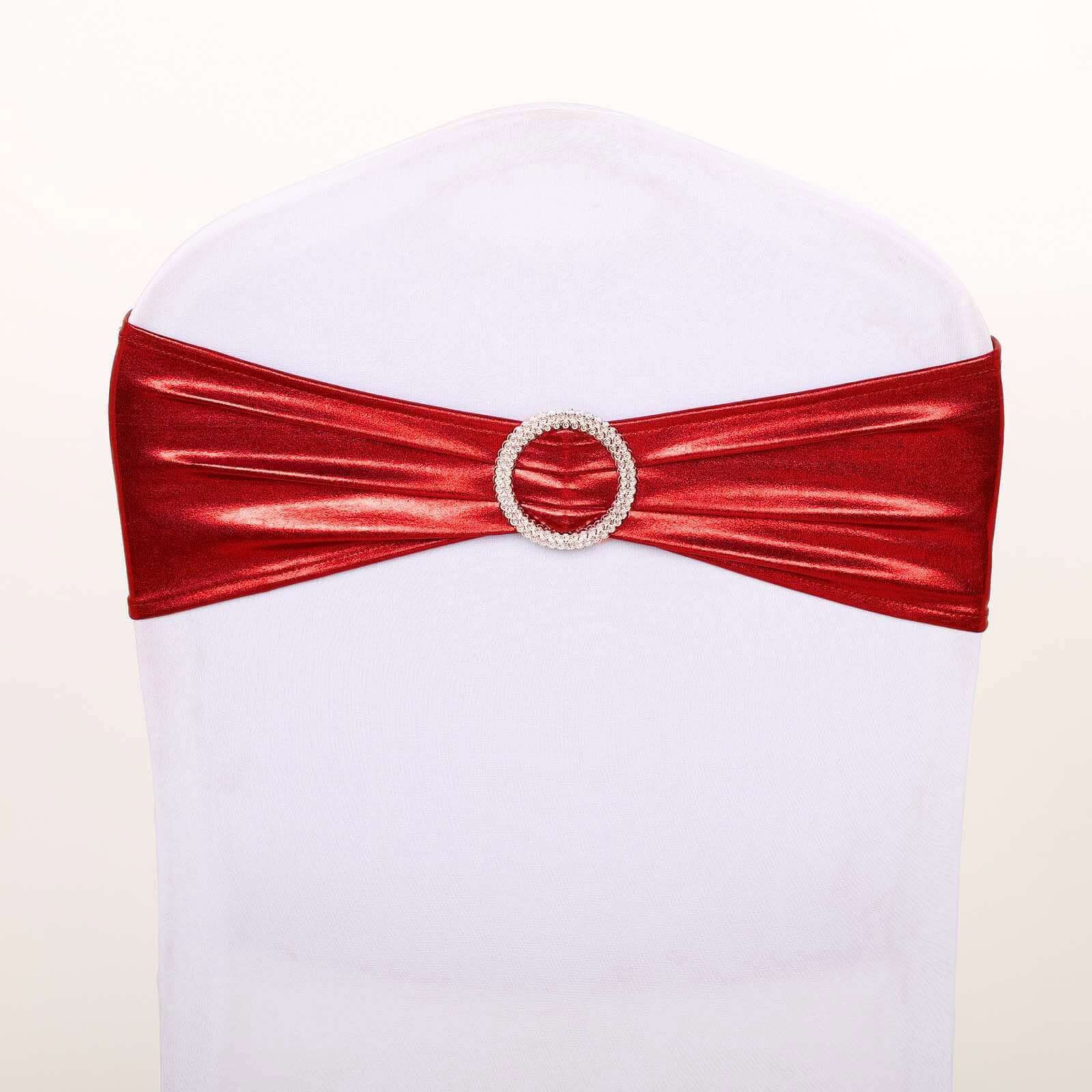 5-Pack Metallic Red Spandex Chair Sashes with Round Diamond Buckles - Stretch Fit for Parties