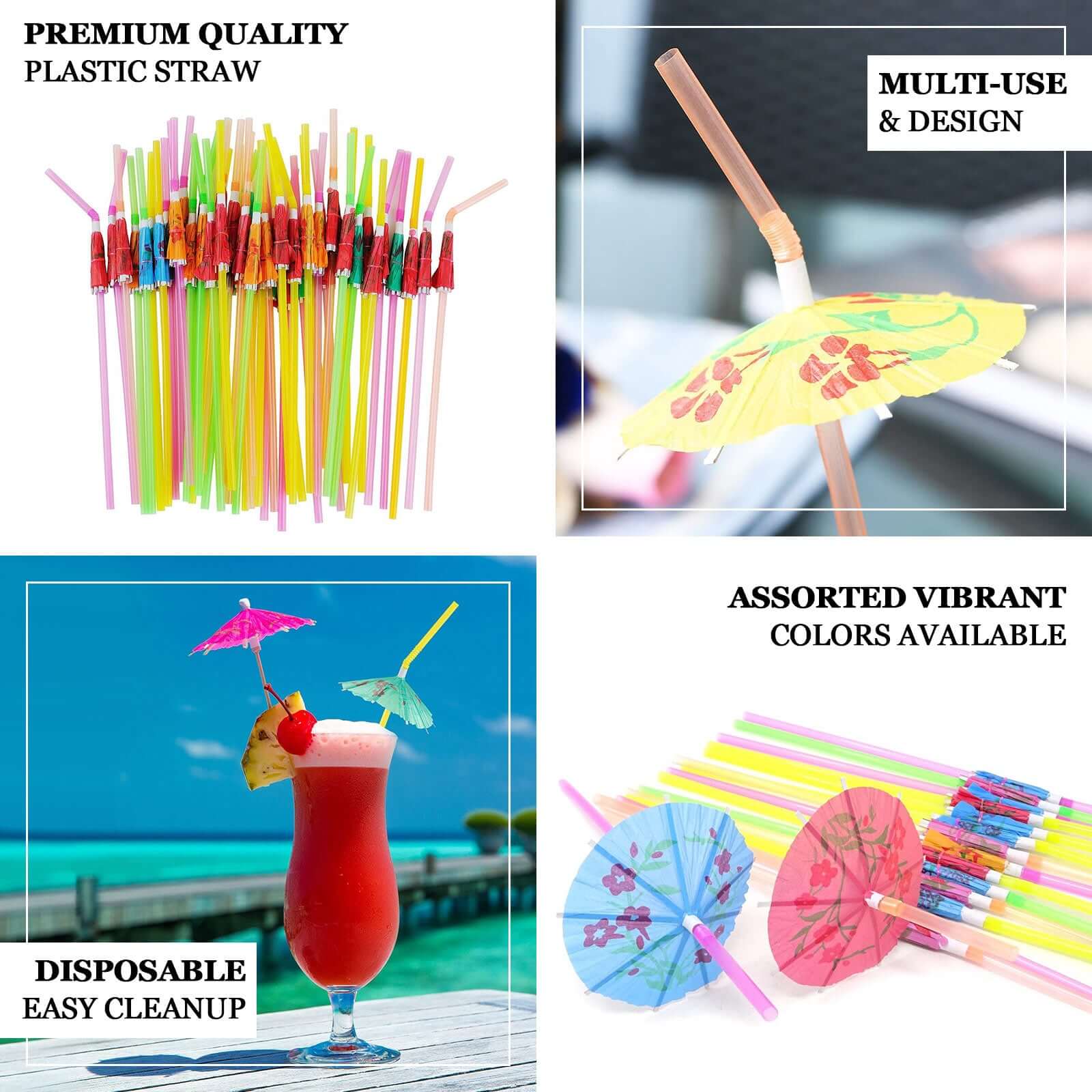 50-Pack Multi-Colored Disposable Umbrella Straws - Perfect for Tropical Parties