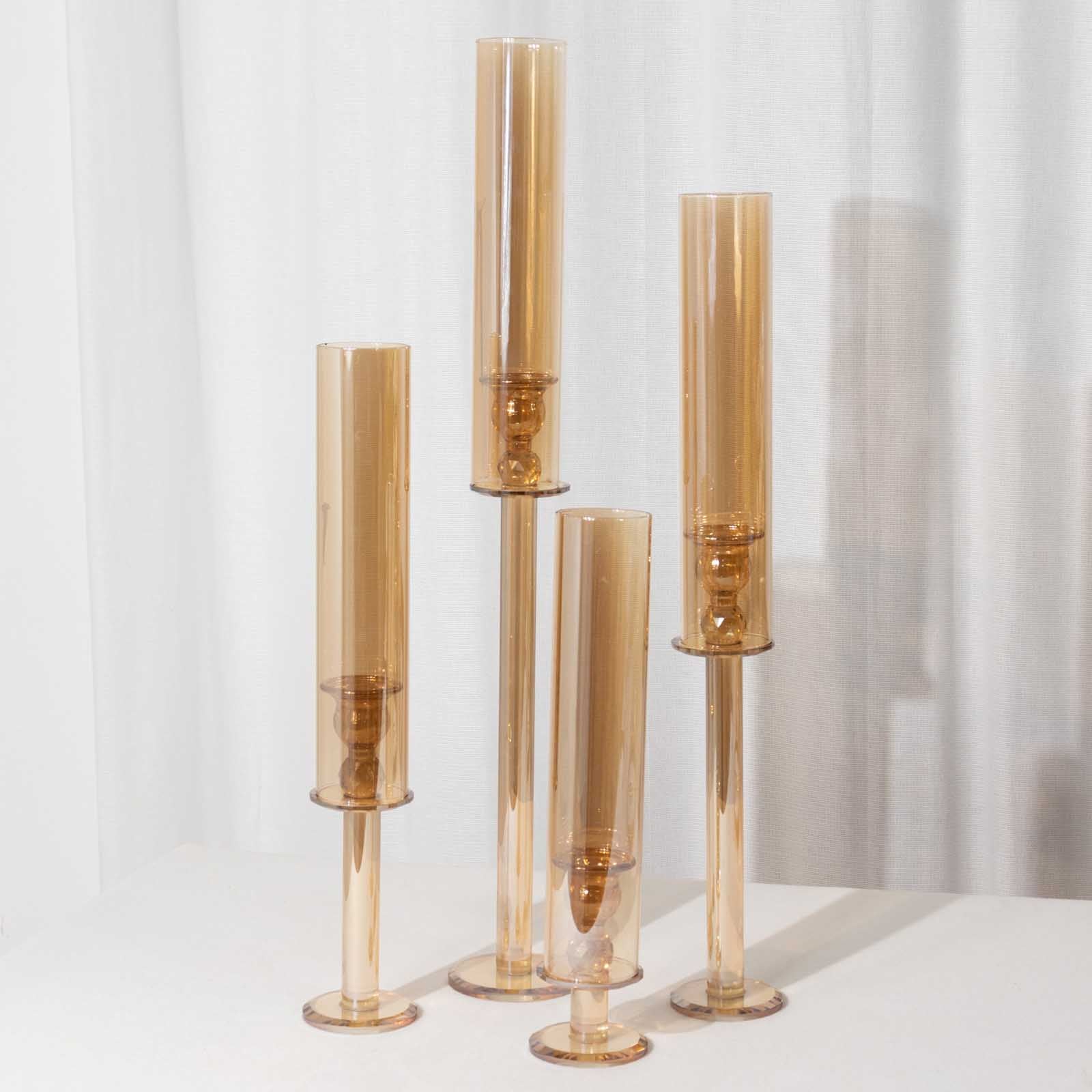 4-Piece Set of Gold Crystal Glass Hurricane Taper Candle Holders - Assorted Sizes