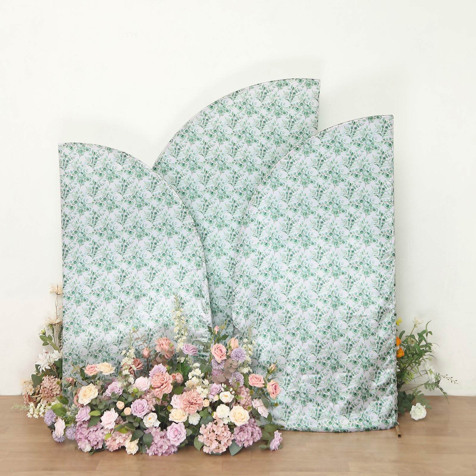 Exclusive Set of 3 Satin Wedding Arch Covers with Eucalyptus Leaves Print - 5ft, 6ft, 7ft