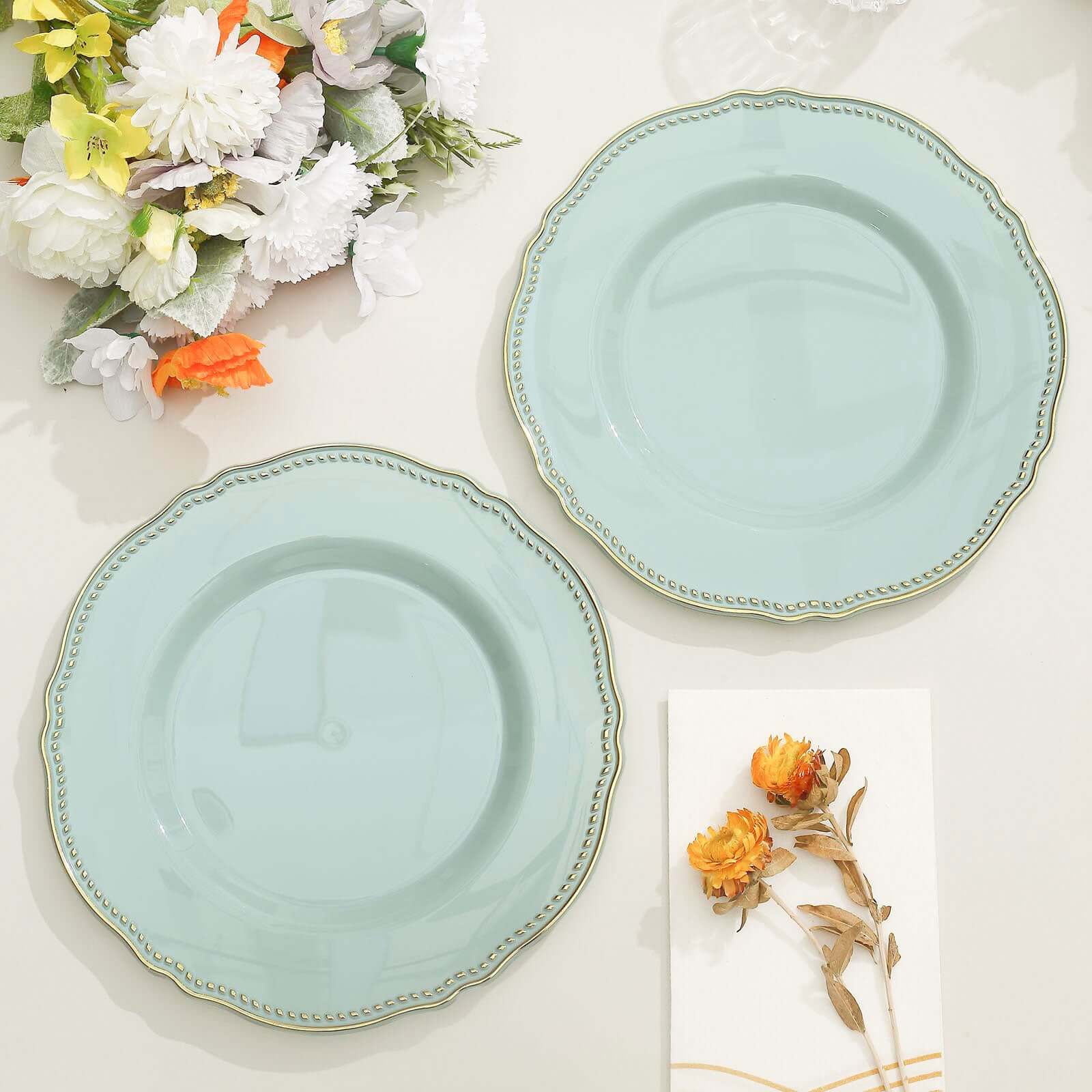 10-Pack Disposable Jade Plastic Dinner Plates with Gold Scalloped Rim - 9 Inches