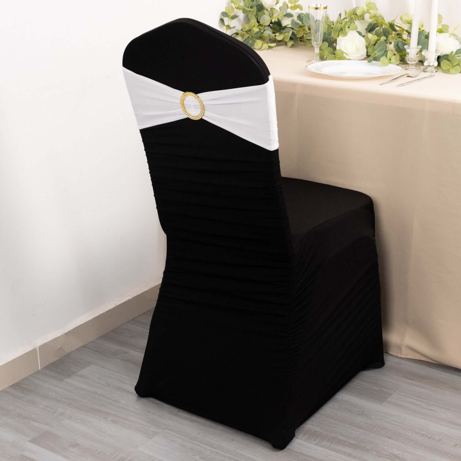 5-Piece Reusable White Spandex Chair Sashes with Gold Rhinestone Plastic Buckles for Weddings and Parties