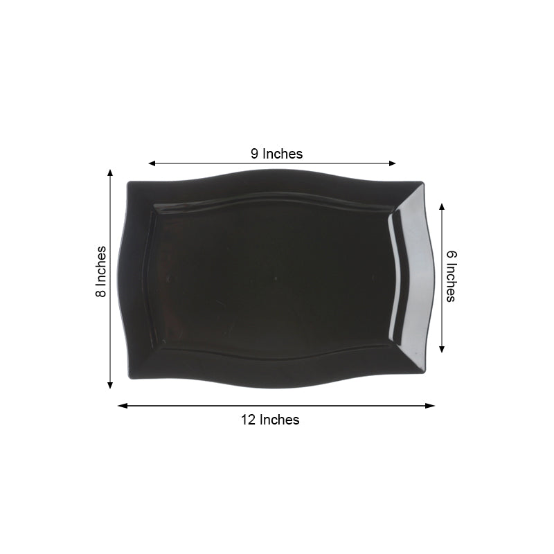 Hot! 10-Pack 12" Glossy Black Plastic Disposable Rectangular Serving Plates with Wave Trimmed Rim