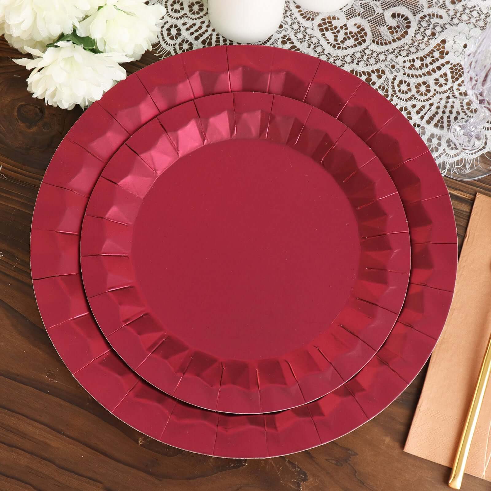 25-Pack Disposable Burgundy Paper Charger Plates with Geometric Design - 12
