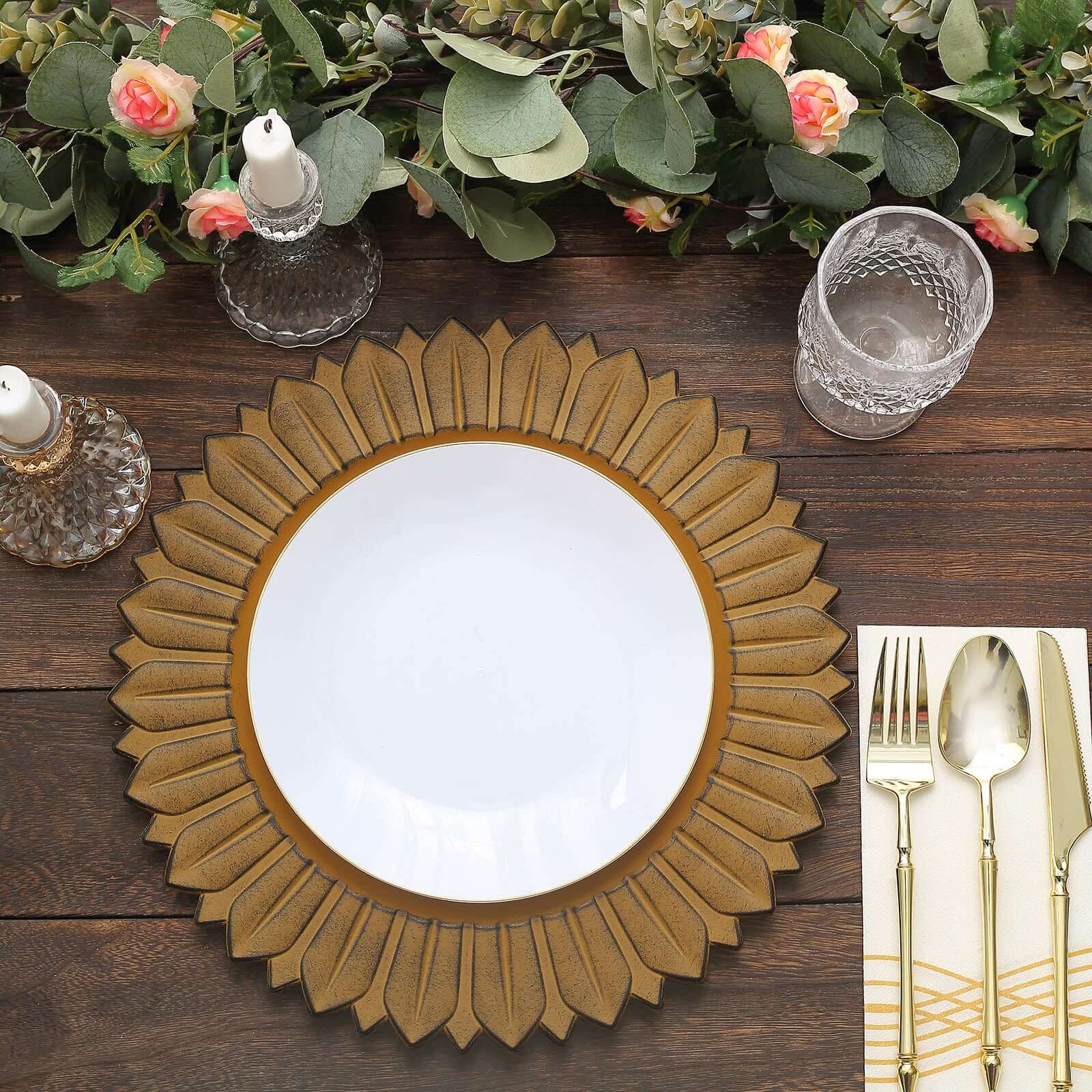 6-Piece Set of 13-Inch Matte Mustard Yellow Plastic Round Charger Plates with Sunflower Rim