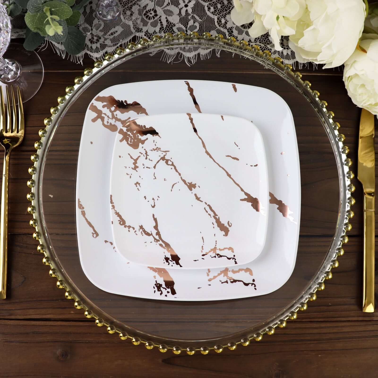 Great Deal! 10-Pack Disposable White Plastic Appetizer Plates with Rose Gold Marble Design for Special Events