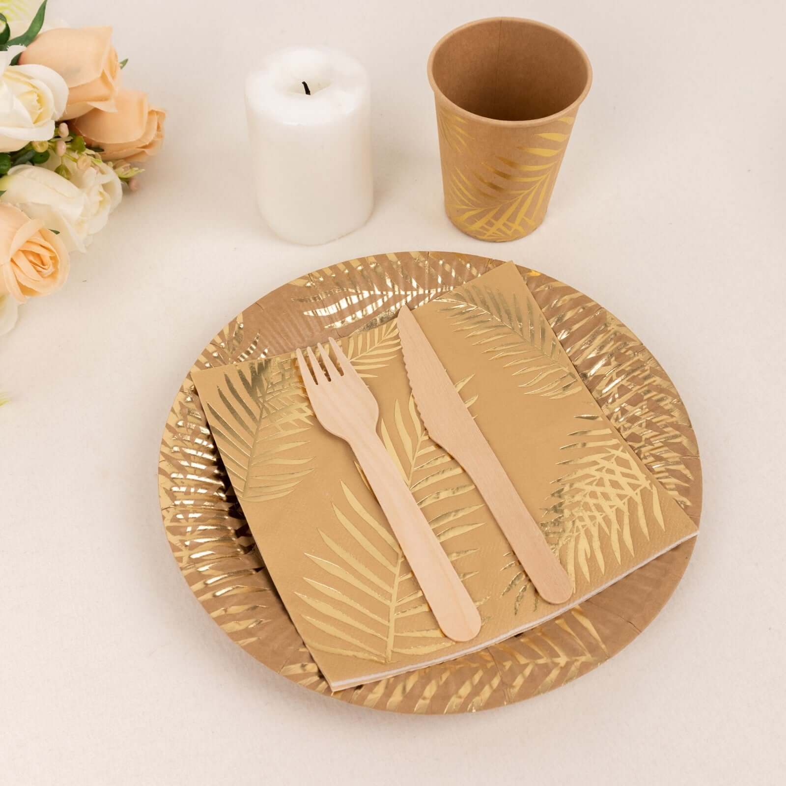 Hot Deal! 72-Piece Disposable Paper Dinnerware Set with Gold Foil Palm Leaves Print