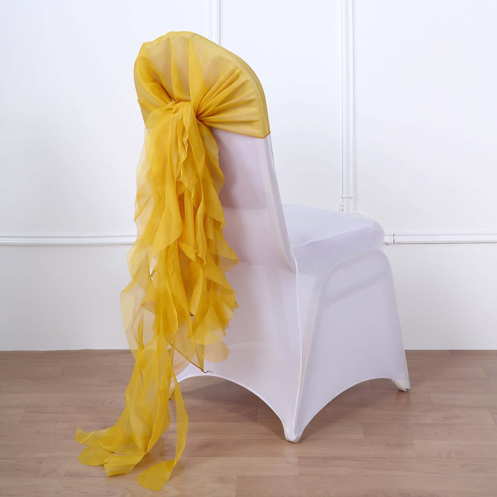 Mustard Yellow Chiffon Chair Sashes Set with Willow Ruffles - Elegant Chair Bow Decor