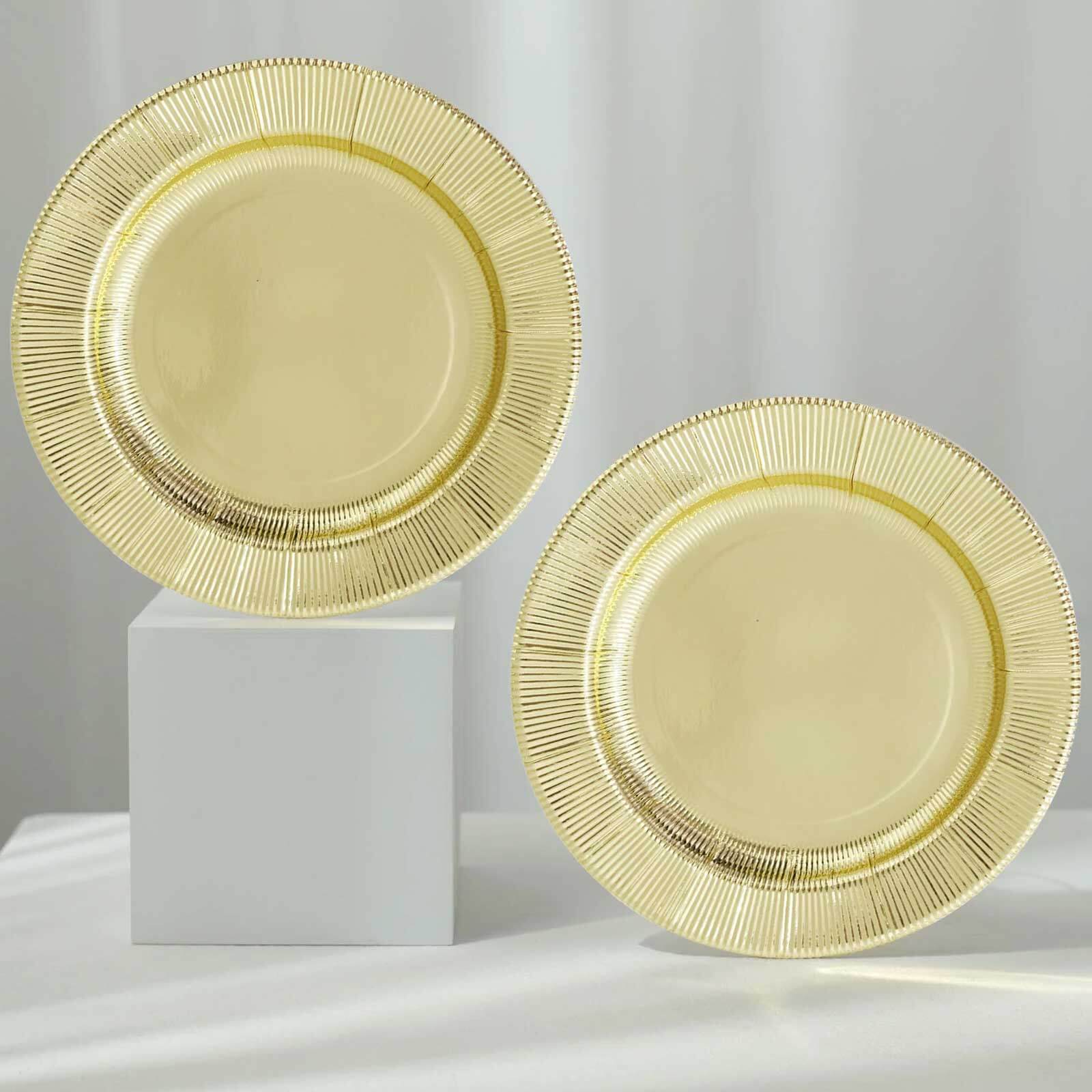 25-Piece Set of Disposable 8-Inch Round Metallic Gold Sunray Design Paper Dessert Plates - Heavy Duty 350GSM