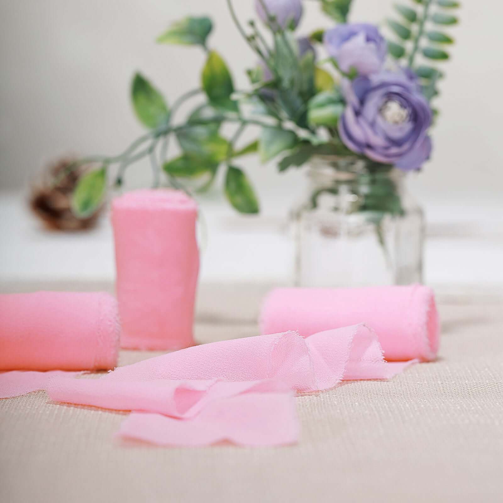 2-Pack Pink Silk-Like Chiffon Linen Ribbon Rolls for Bouquets, Wrapping, and Decor - 6 Yards Each!