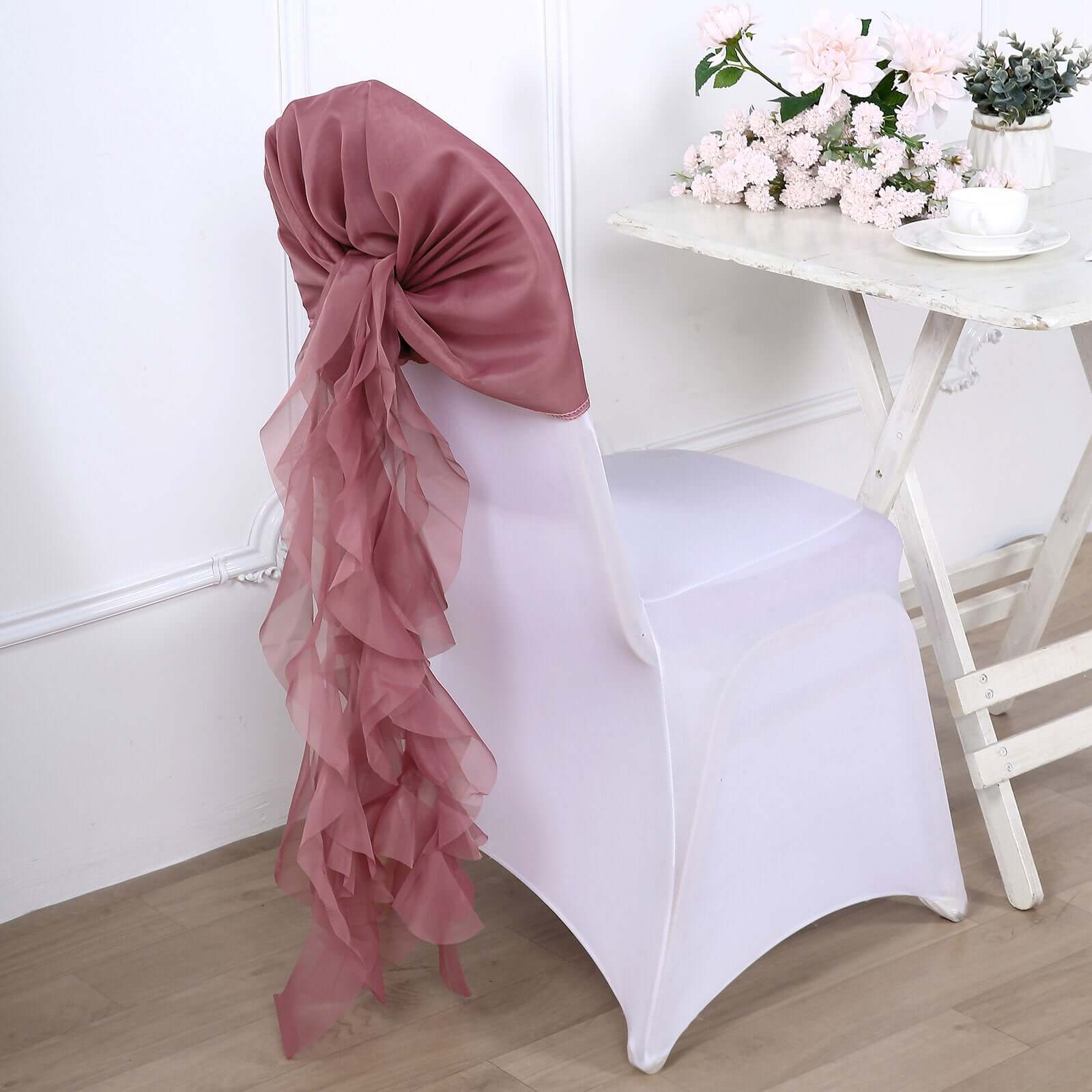 Stylish Mauve Cinnamon Rose Chiffon Chair Sashes Set with Willow Ruffles Design