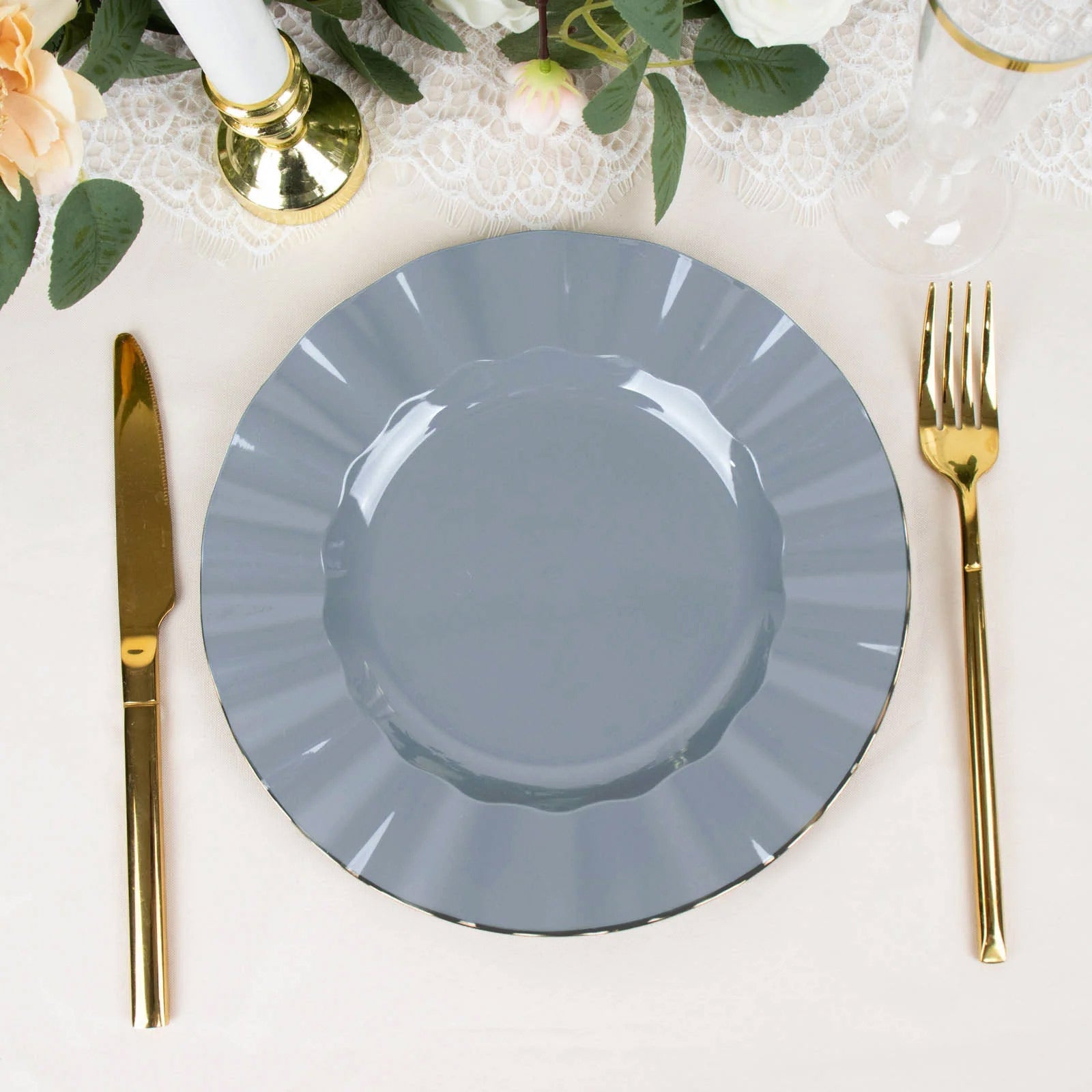 10-Piece Set of Sturdy Disposable 9-Inch Round Dusty Blue Dinner Plates with Gold Ruffled Edging