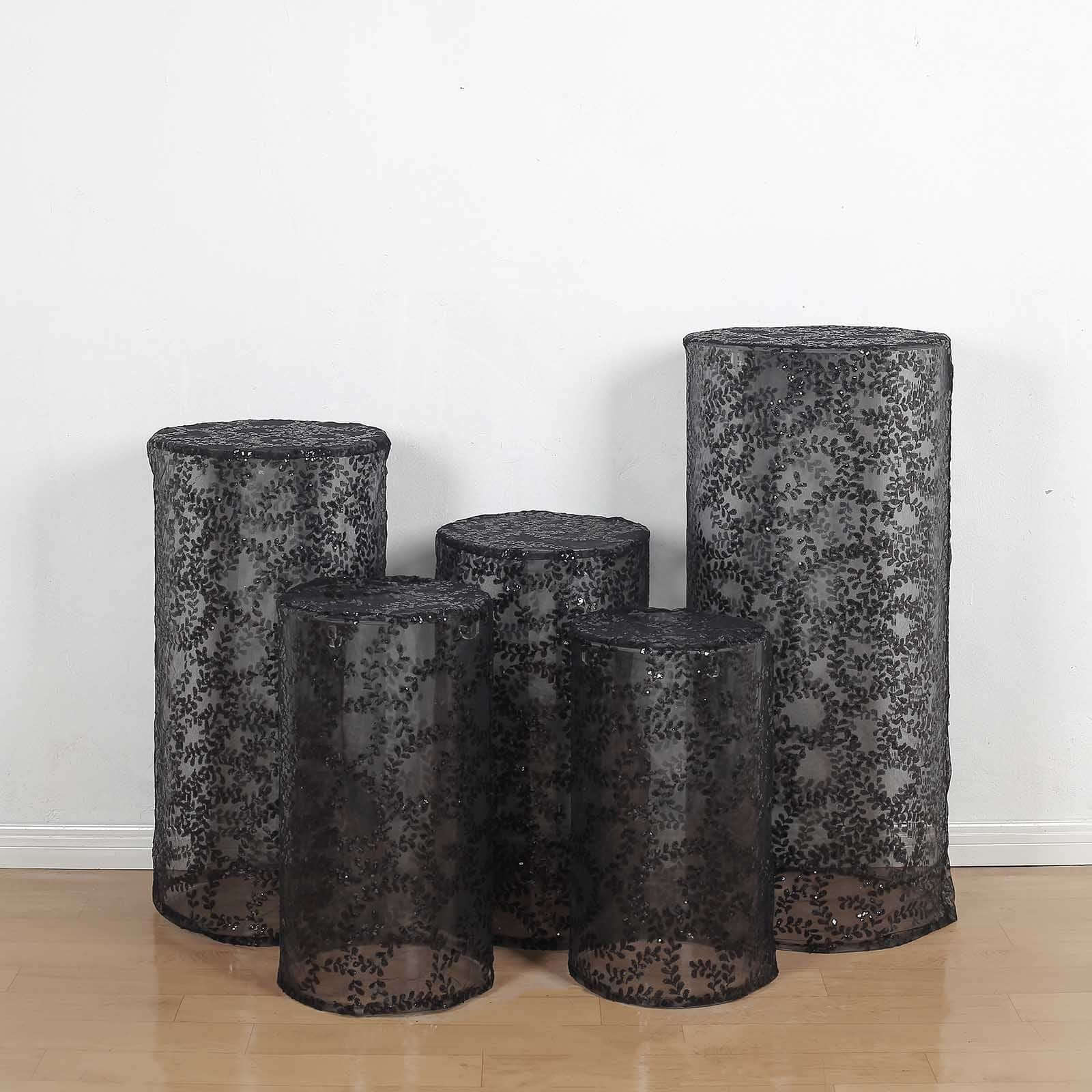 Set of 5 Sparkling Black Sequin Mesh Cylinder Pedestal Covers with Leaf Vine Design