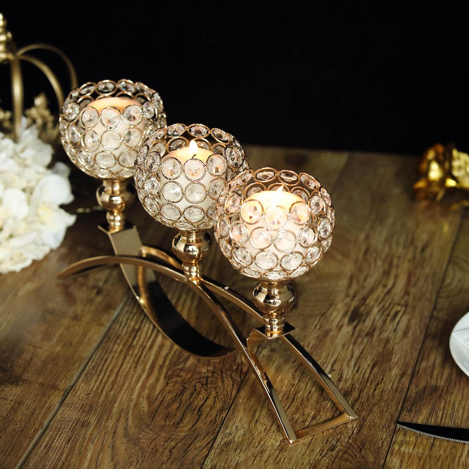 Chic Gold 3-Arm Arch Bridge Candelabra with Crystal Beads - Ideal Table Centerpiece for Events