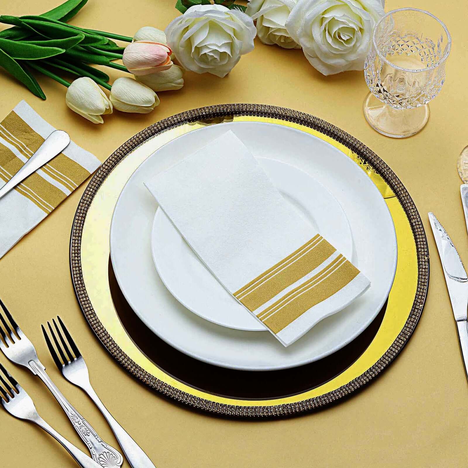 Hot Sale! 2-Pack 13-Inch Round Glass Charger Plates with Metallic Gold Mirror Rhinestone Rim for Decor