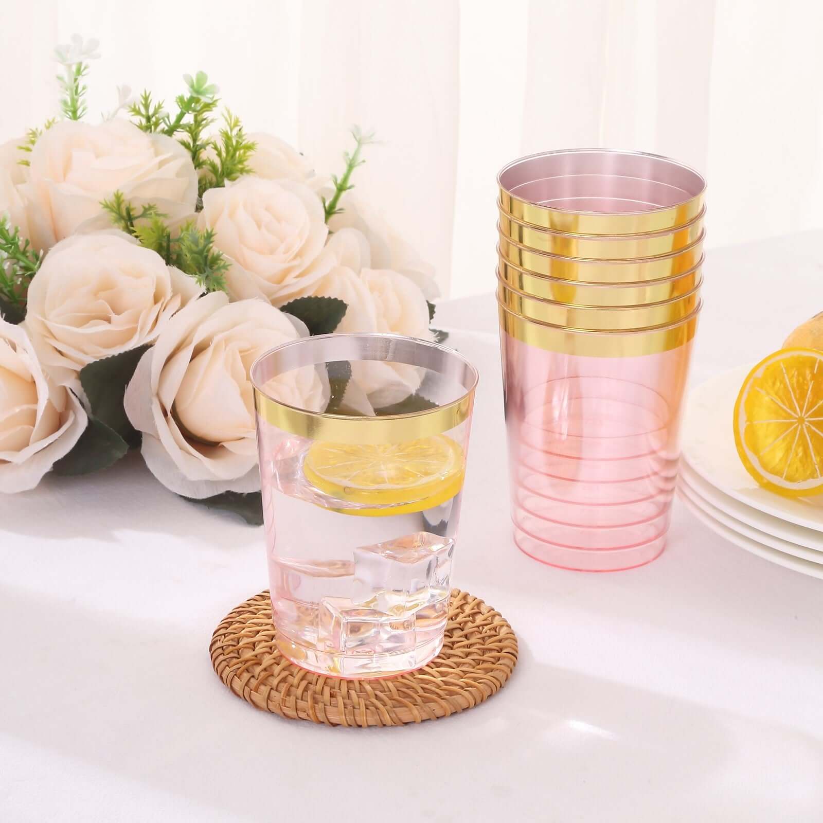 25-Pack 10oz Disposable Plastic Tumbler Cups in Transparent Blush with Stylish Gold Rim