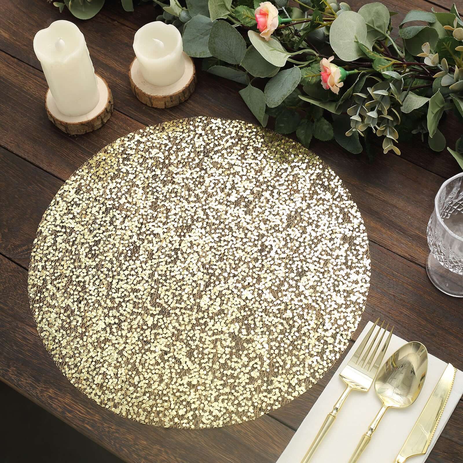 10-Piece Set of Disposable, Dust-Free Metallic Gold Sequin Round Table Placemats, 13 Inches