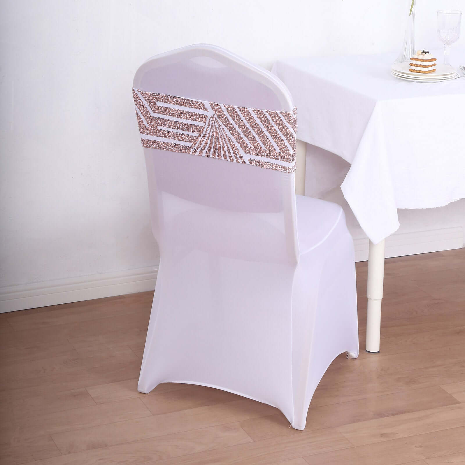 5-Piece Set of Stretchable Sequin Spandex Chair Sashes in White with Rose Gold Geometric Diamond Design
