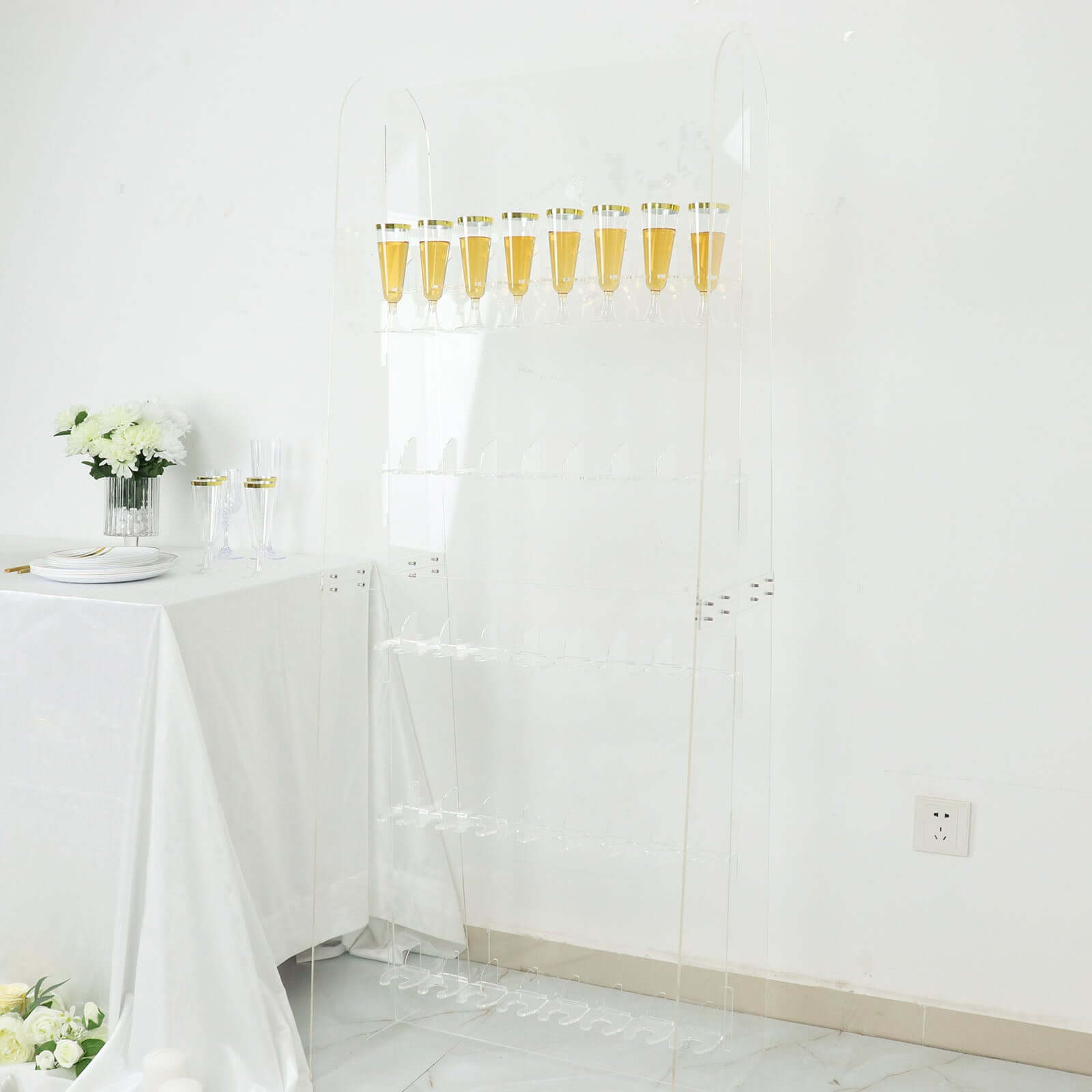 5-Foot Clear 5-Tier Acrylic Champagne Wall Glass Holder for 40 Stemware, Ideal for Classy Events