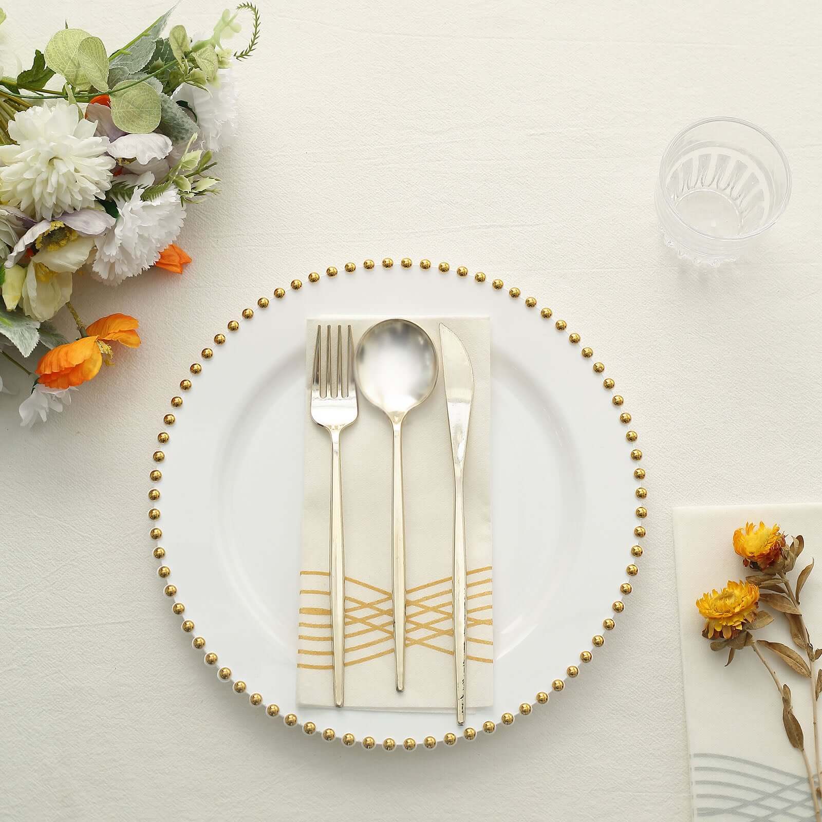 Hot Deal! 10-Pack Disposable White Plastic Round Dinner Plates with Gold Beaded Rim for Banquets