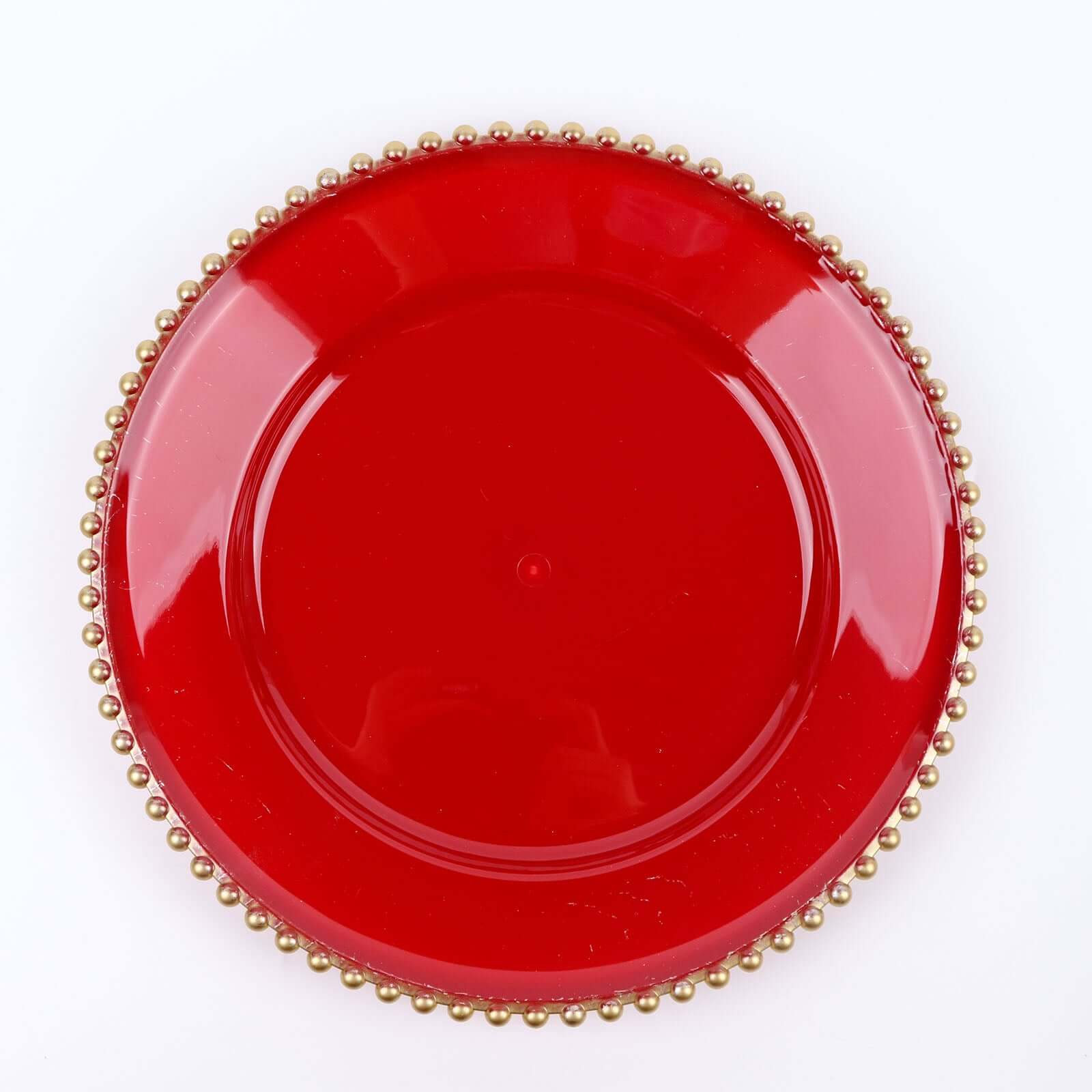 Hot Sale! 6-Piece Set of 13-Inch Red Acrylic Round Charger Plates with Gold Beaded Rims for Dinner Parties
