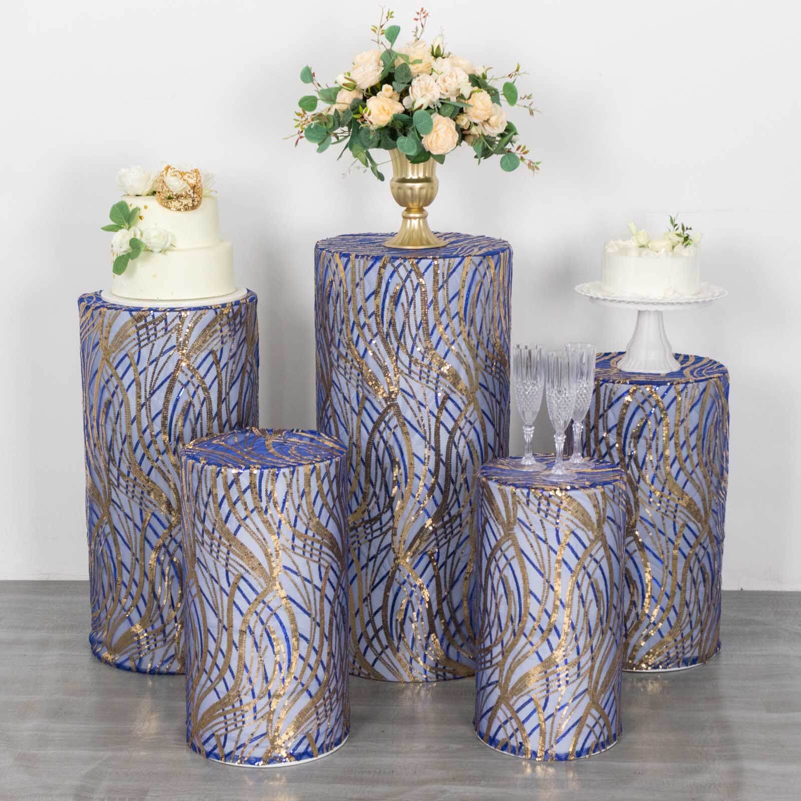 Hot Sale! Set of 5 Royal Blue Sequin Mesh Cylinder Pedestal Stand Covers with Wave Pattern