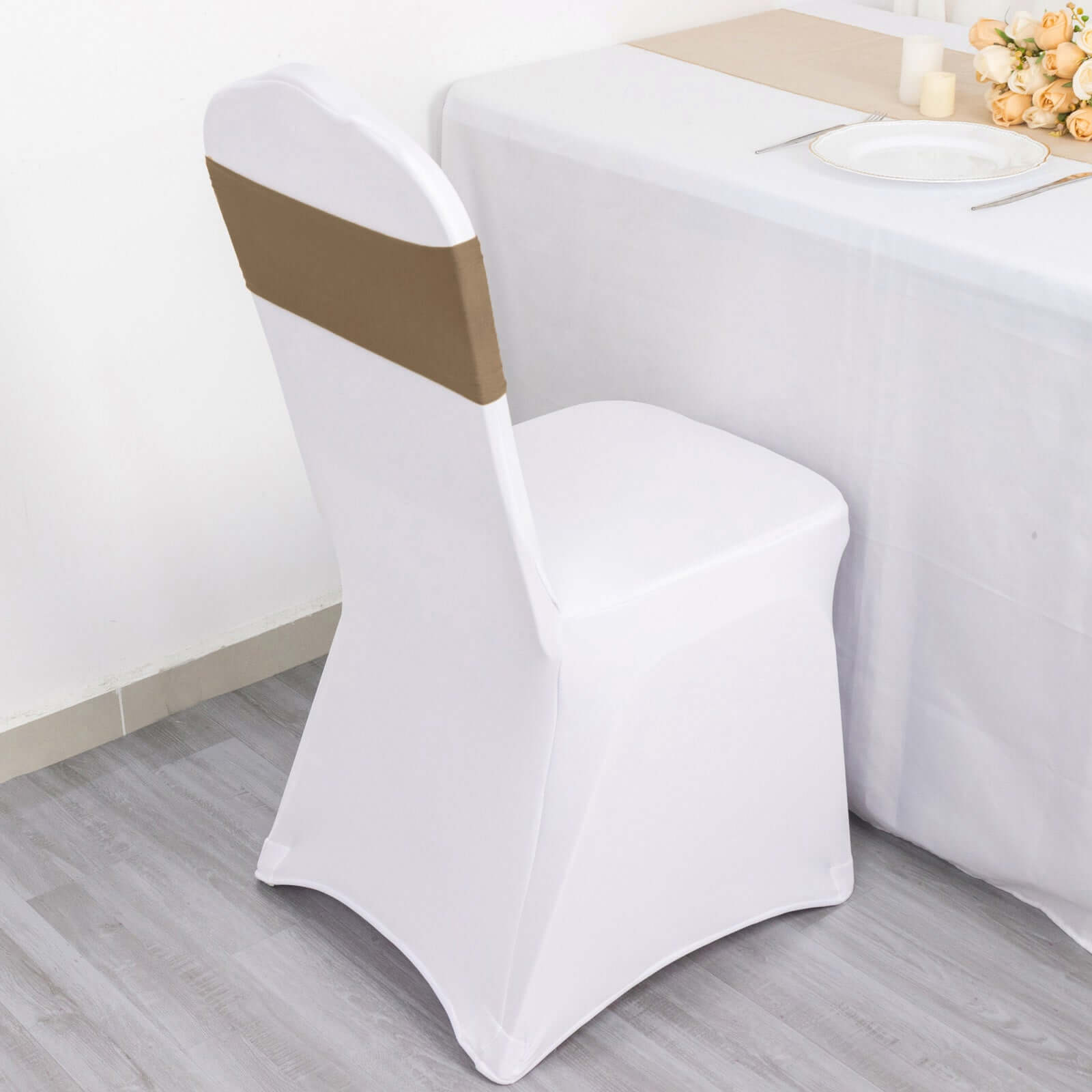 5-Pack Taupe Stretch Spandex Chair Sashes - Heavy Duty & Fitted