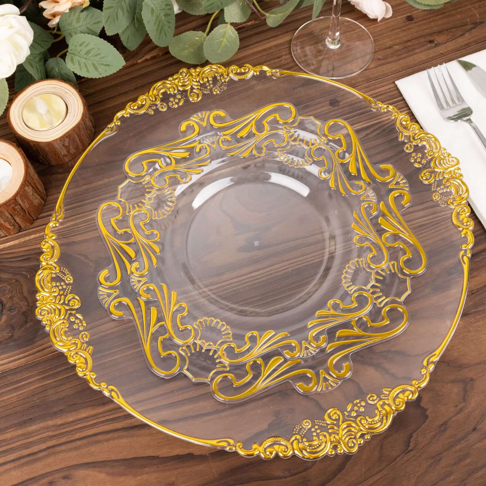 10-Piece Set of Clear Plastic Round Dessert Plates with Gold Vintage Baroque Scalloped Edge