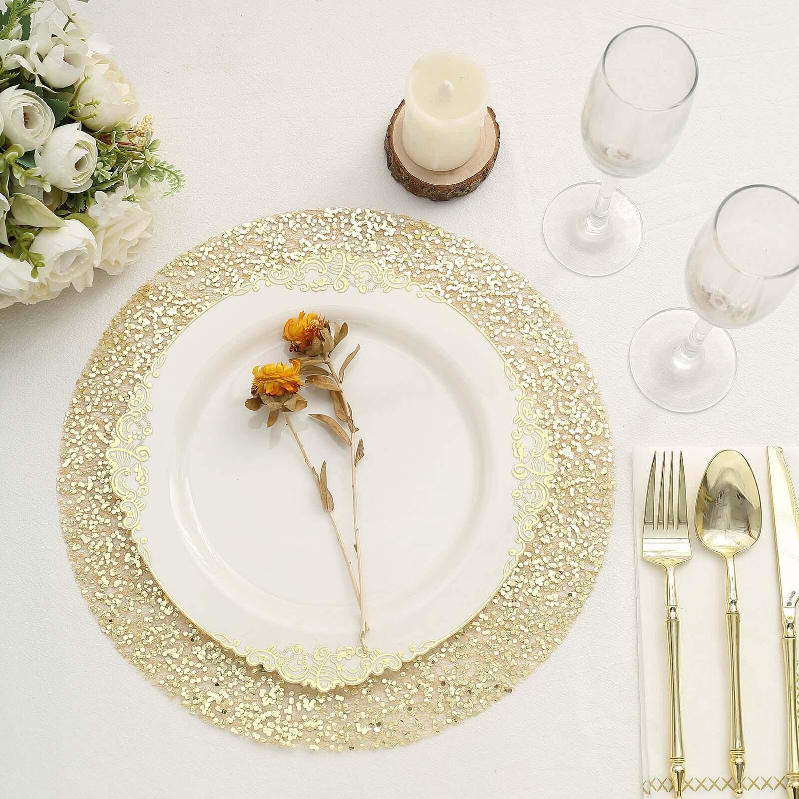 10-Piece Set of Disposable, Dust-Free Metallic Gold Sequin Round Table Placemats, 13 Inches