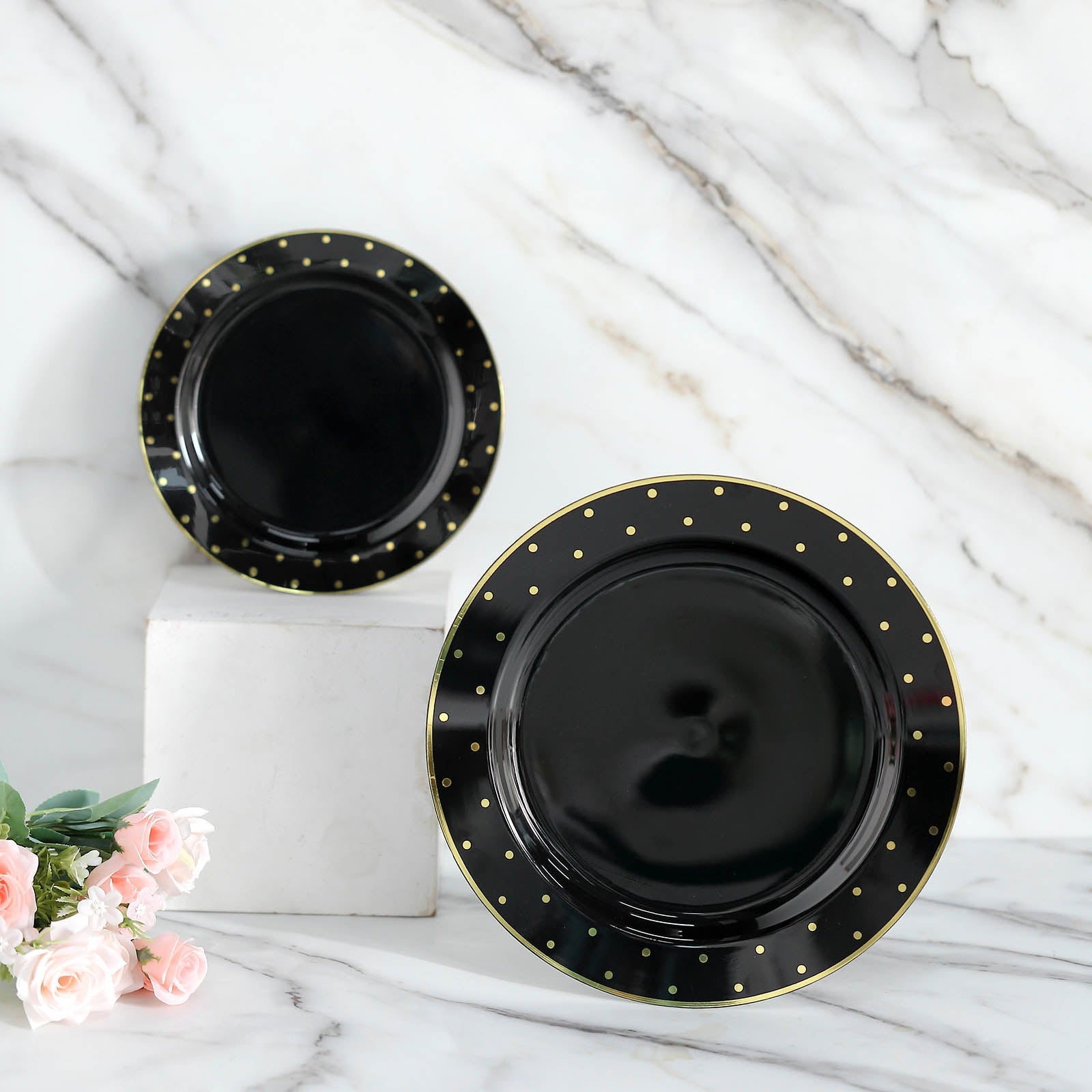 10-Pack Black Plastic Dinner Plates with Gold Dot Rim, Disposable and Sturdy