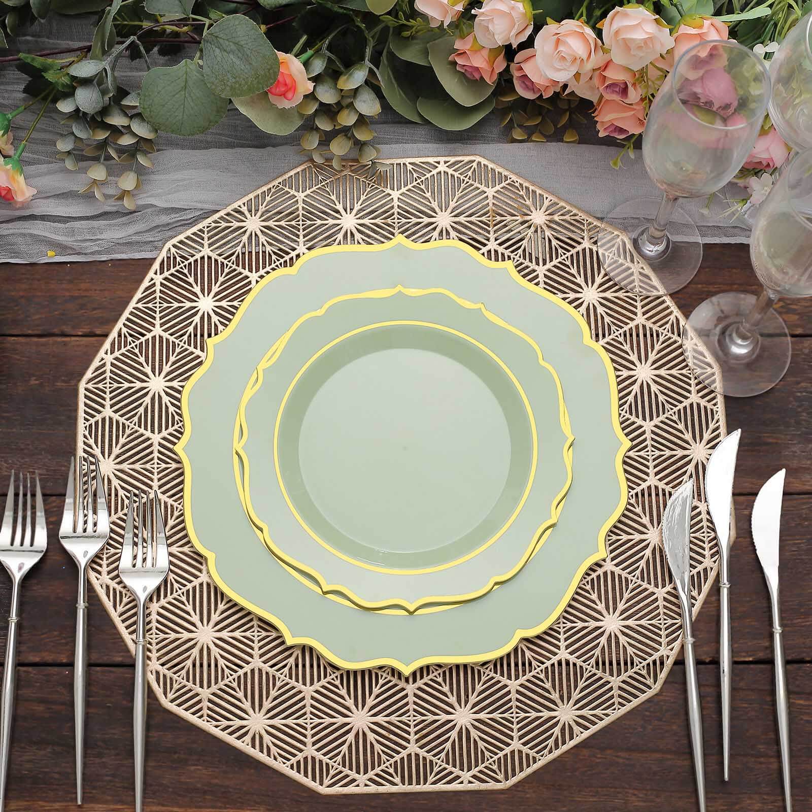 Hot Deal! 10-Pack Disposable Plastic Round Salad Plates in Sage Green with Gold Scalloped Rim, 8-Inch