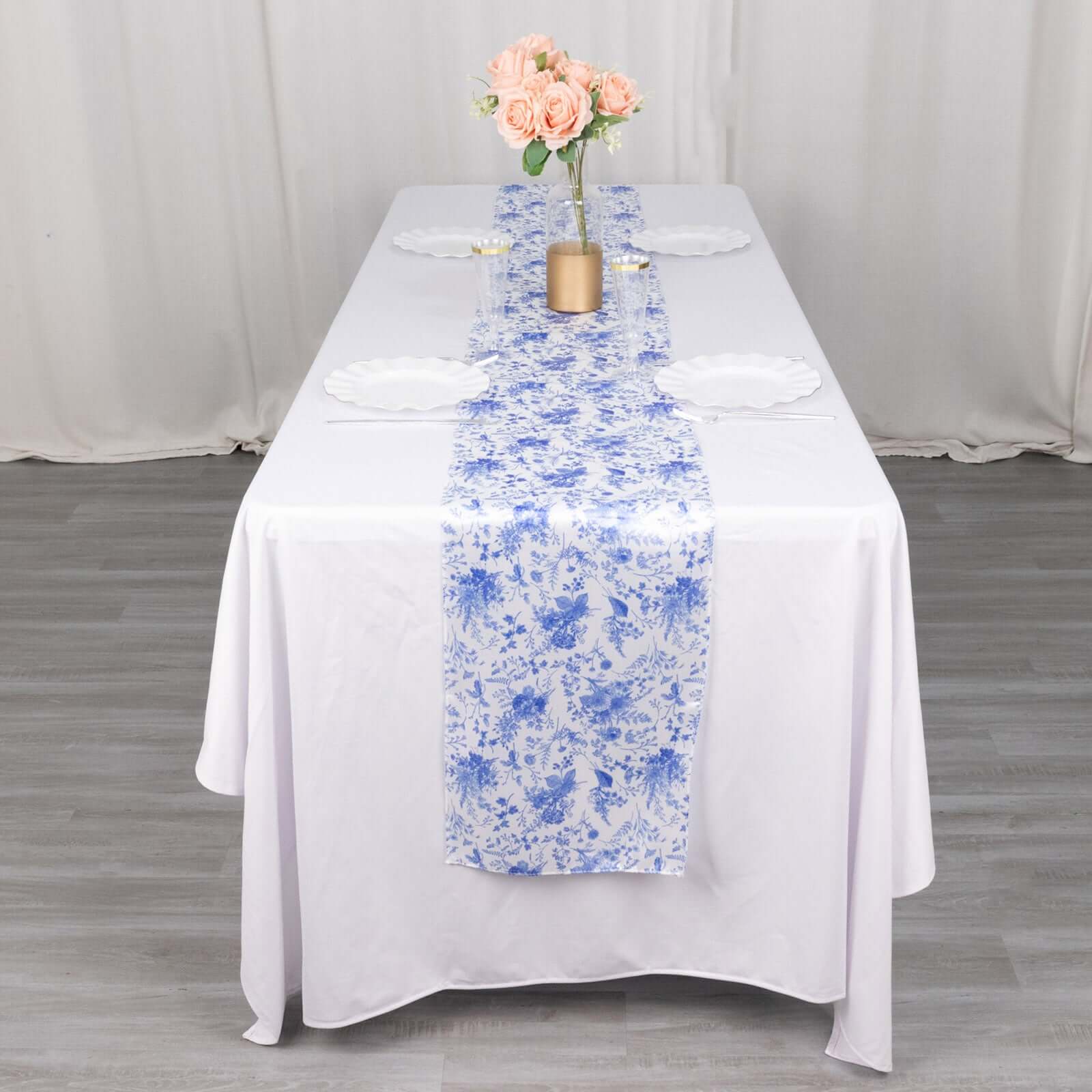 Get This Stunning White & Blue French Toile Floral Satin Table Runner for Upscale Events