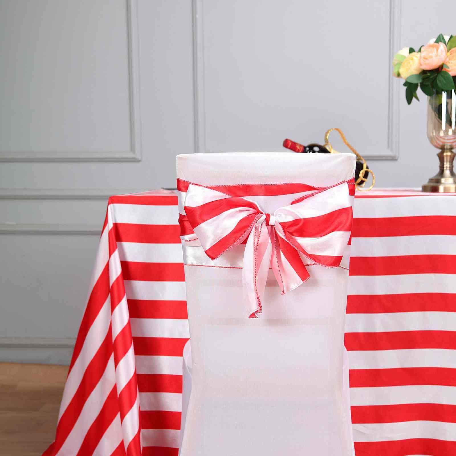Hot Deal! 5-Piece Set of Satin Red/White Striped 6x108 Chair Sashes for Weddings and Gatherings