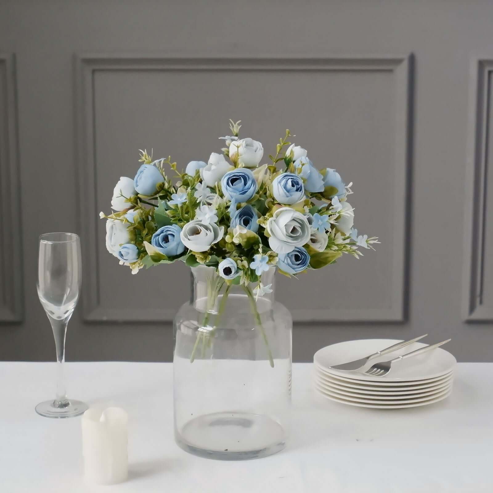 4-Pack Dusty Blue Artificial Ranunculus Silk Flower Bouquets for Bridal and Decor