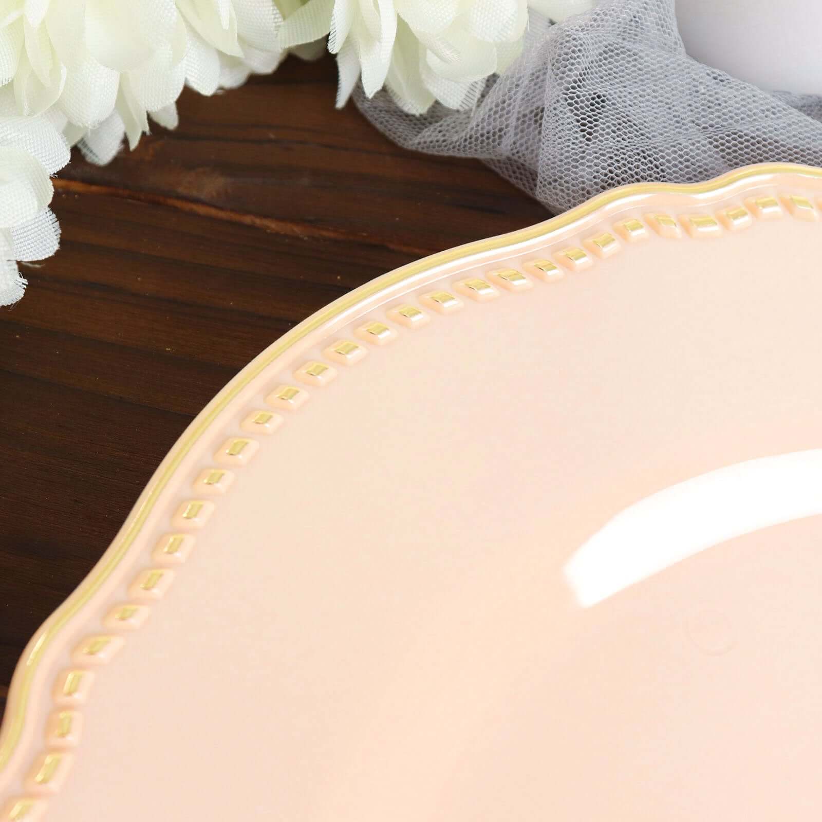 Hot Deal! 10-Pack Disposable Nude Plastic Dinner Plates with Gold Scalloped Rim, 9 Inches
