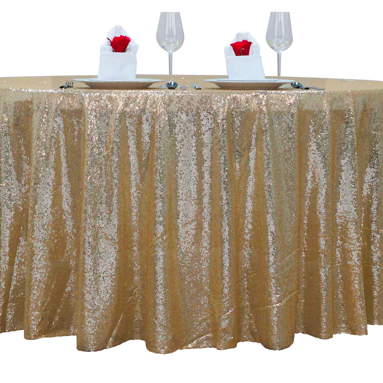Champagne Seamless Round Sequin Tablecloth, 132-Inch Dazzling Cover