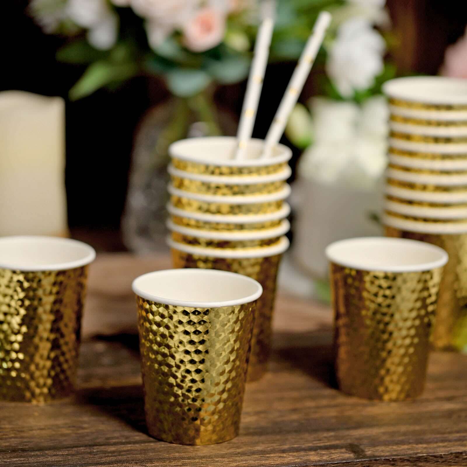 24-Pack Gold Foil Honeycomb Design Disposable Paper Cups - 10oz for Hot & Cold Drinks, Ideal for Parties