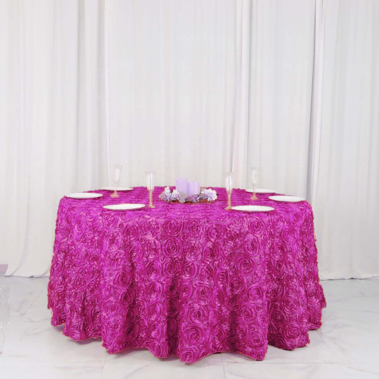 Fuchsia Satin 120 - Inch Round Tablecloth with Stunning 3D Rosette and Seamless Finish