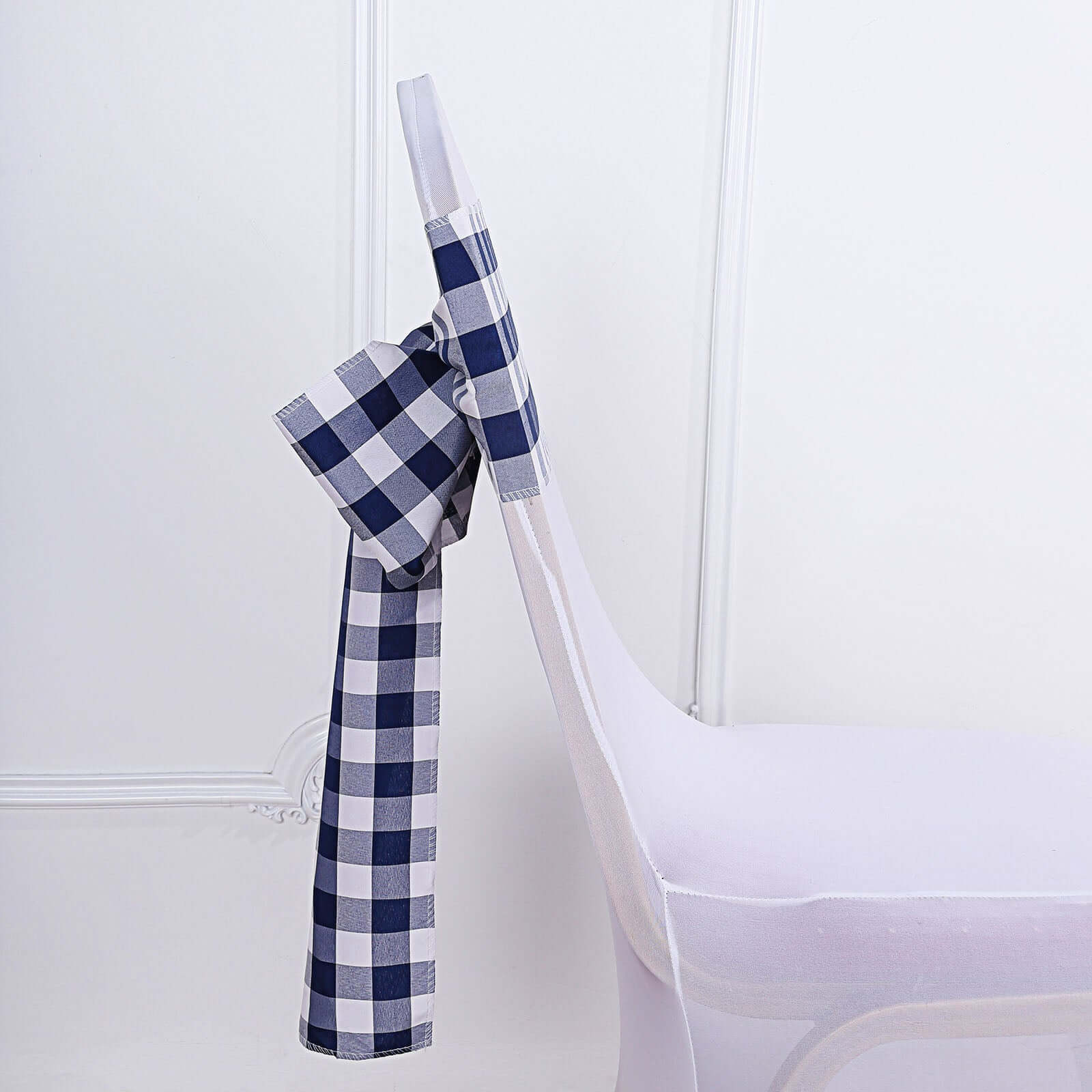 Get 5-Pack Durable & Reusable Navy Blue/White Buffalo Plaid Polyester Chair Sashes
