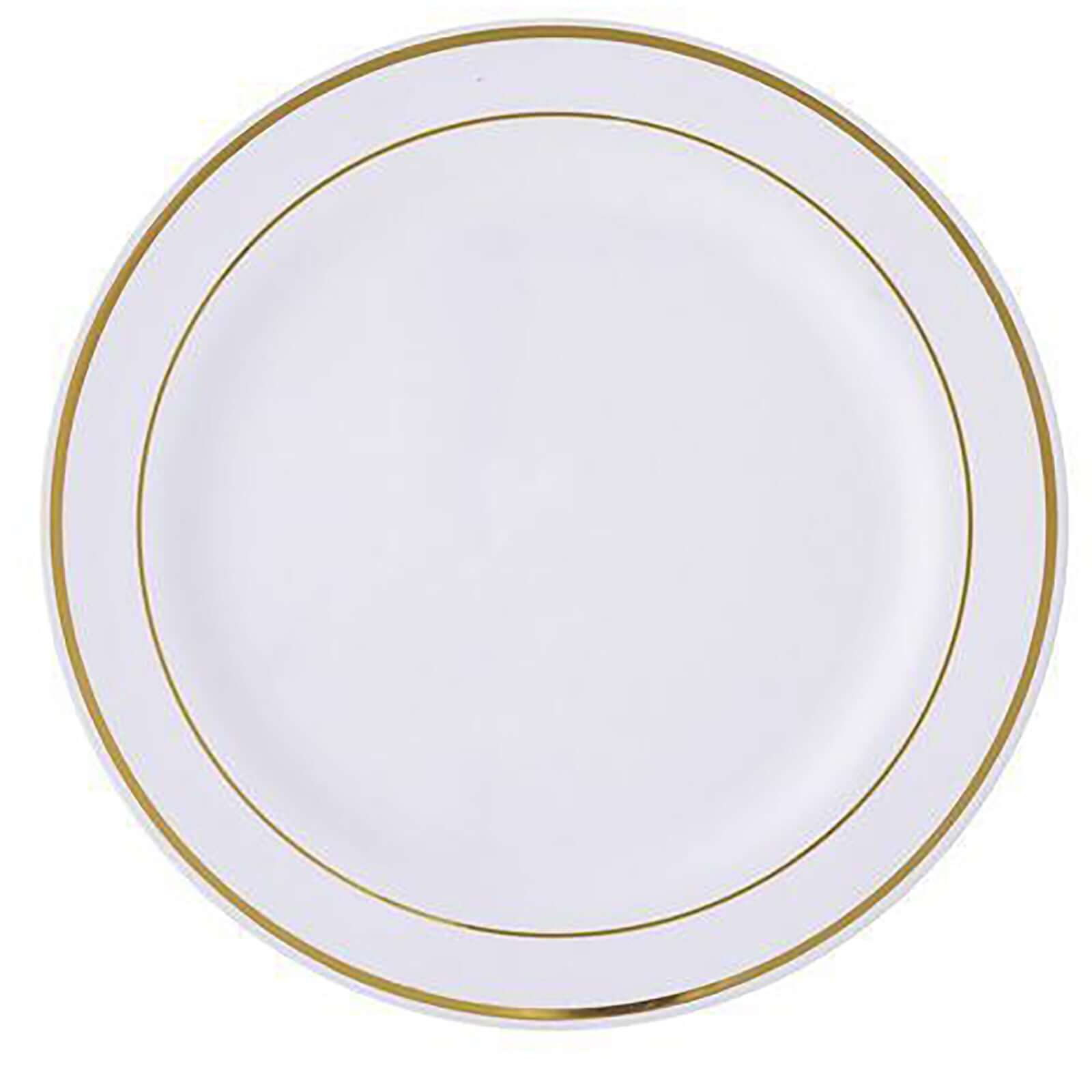 10-Piece Set of Disposable White Plastic Dessert Plates with Stylish Gold Rim, 6 Inches