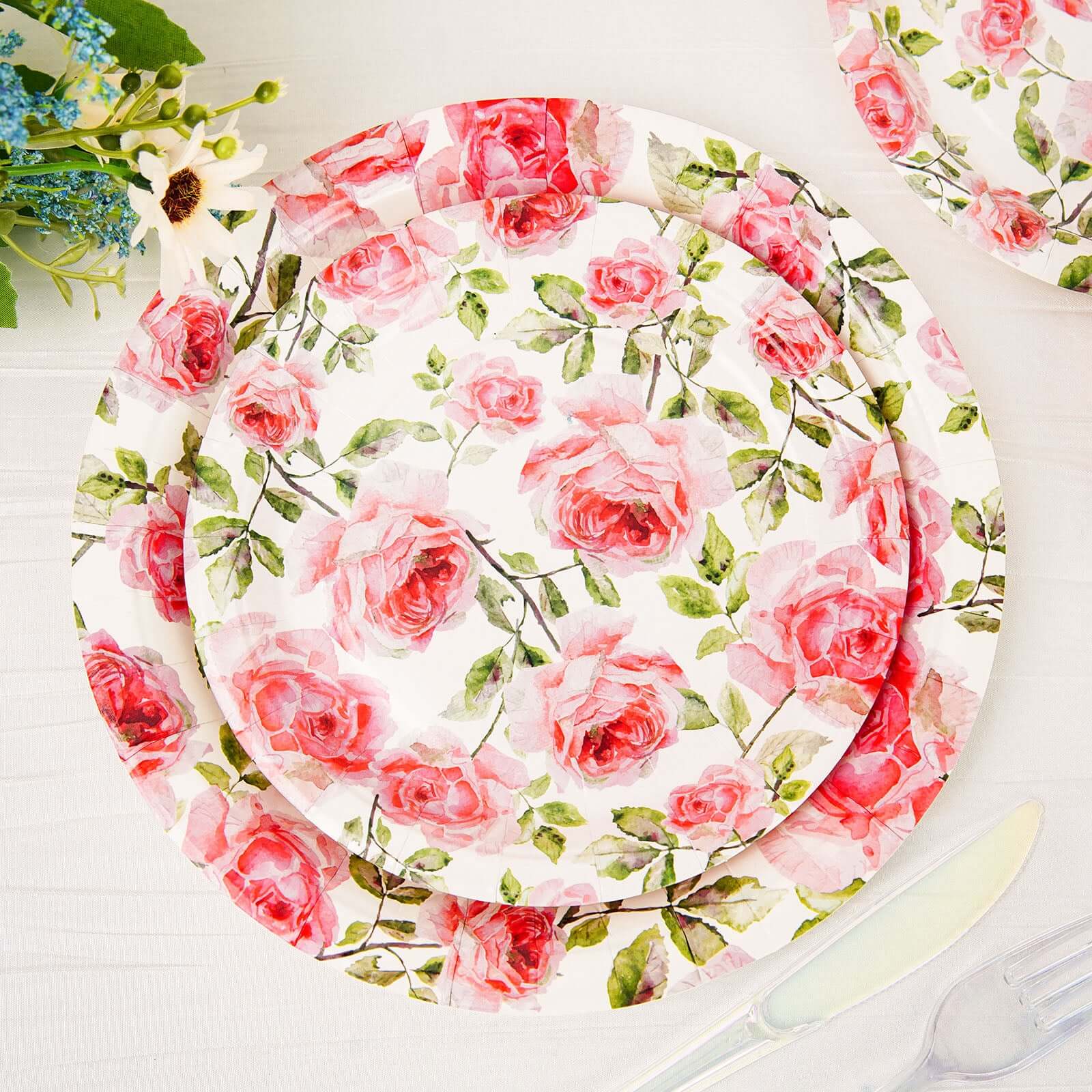 Get 25 Pack of Premium Dinner Paper Plates with Rose Flower Bouquet Design - 9