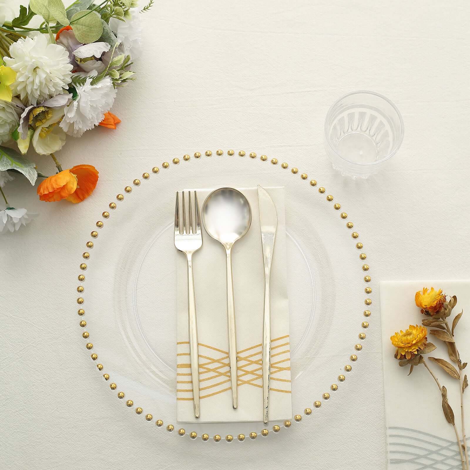 Get 10-Pack of Disposable Round Clear Plastic Dinner Plates with Gold Beaded Rim for Parties