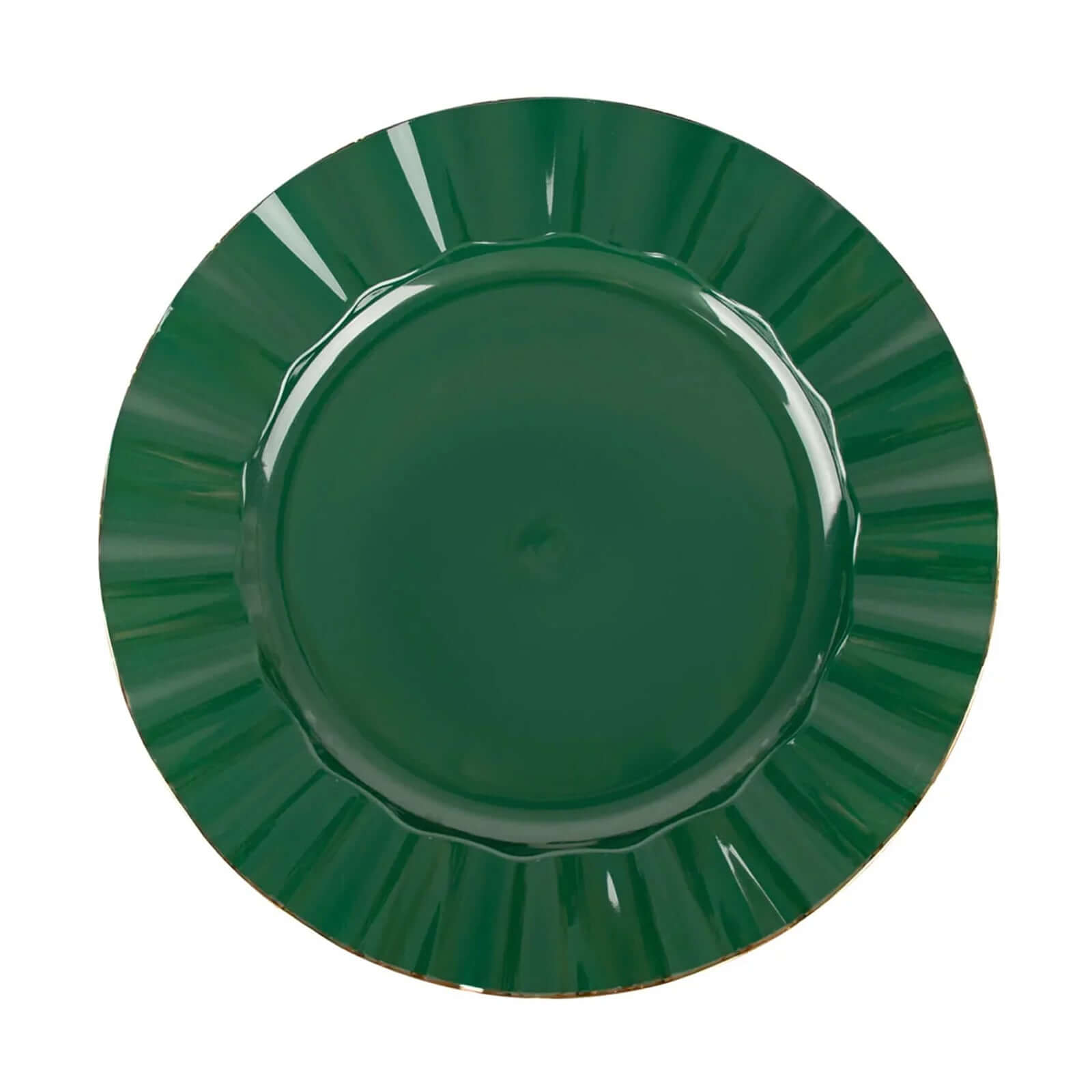10-Piece Set of Sturdy Disposable 11-Inch Round Dinner Plates in Hunter Emerald Green with Ruffled Gold Edges