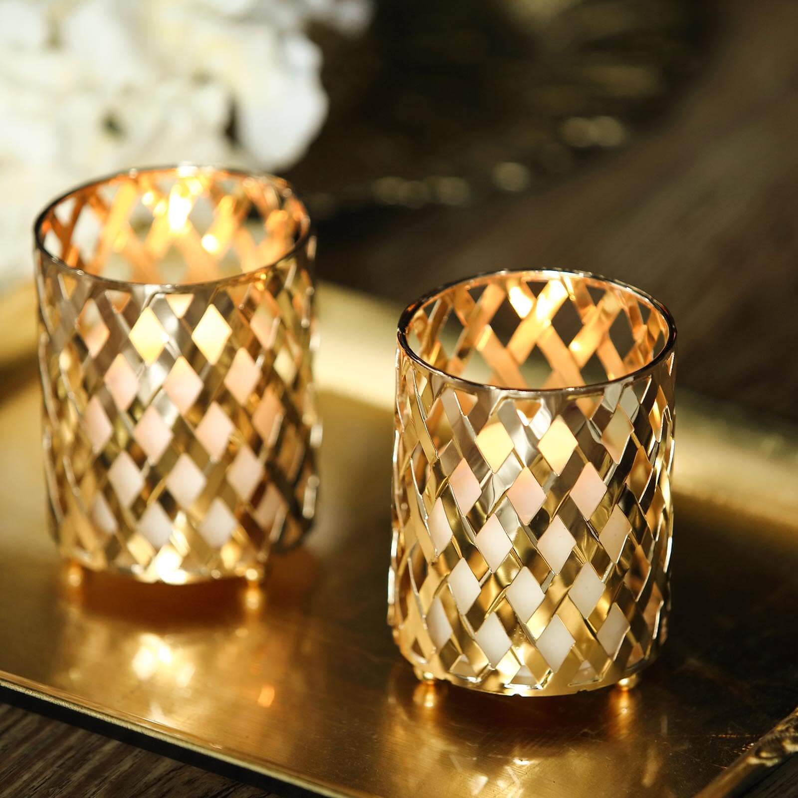 2-Piece Gold Metal Votive Candle Holders with Diamond Cut Geometric Design for Home and Events