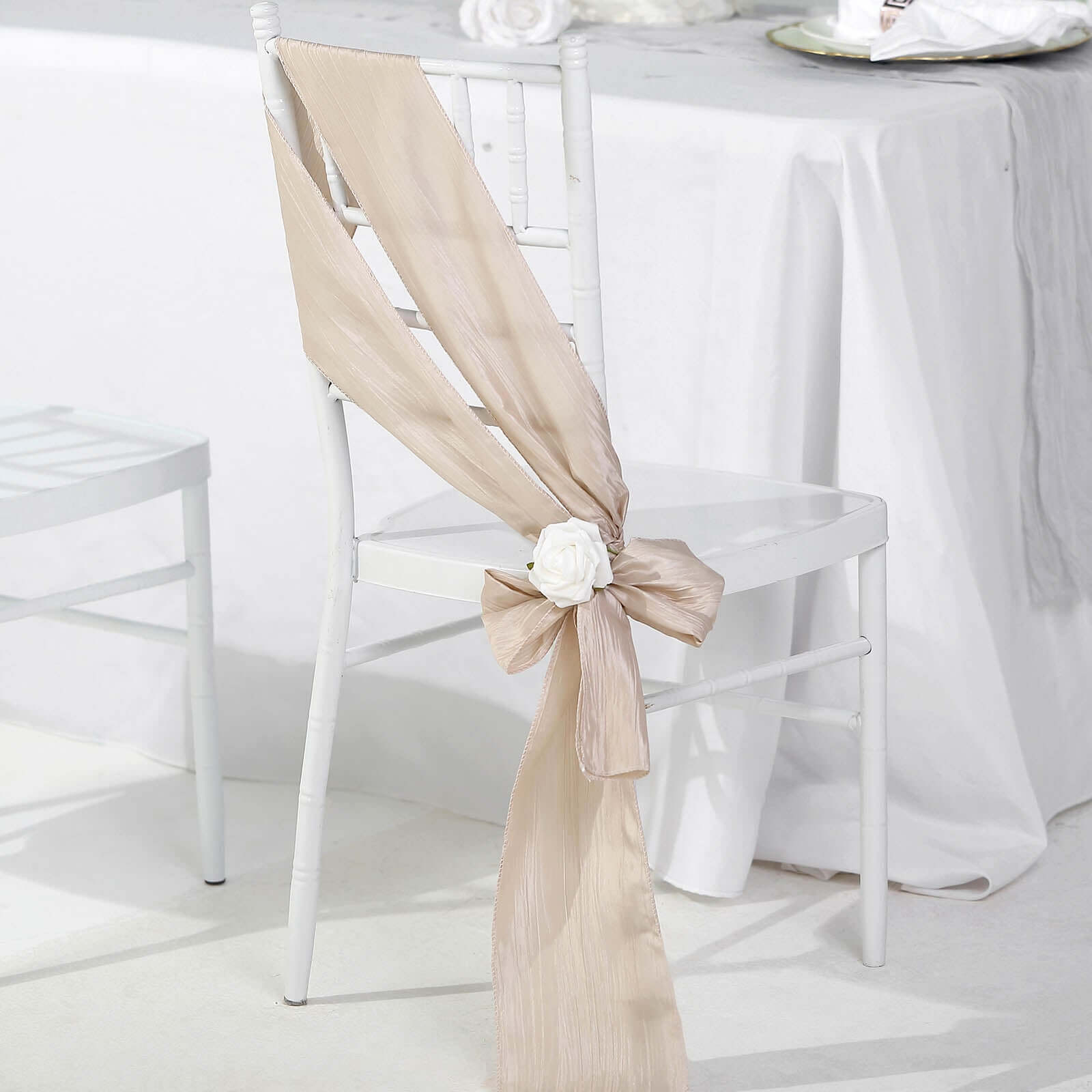 5-Piece Set of Beige Accordion Crinkle Taffeta Chair Sashes (6x106) - Ideal for Weddings and Gatherings