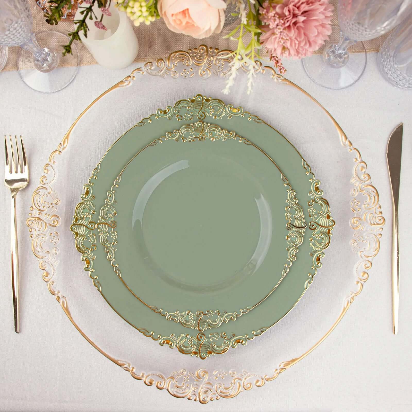 10-Pack Disposable Round Plastic Dinner Plates in Dusty Sage Green with Gold Leaf Embossed Rim - Vintage Baroque Style