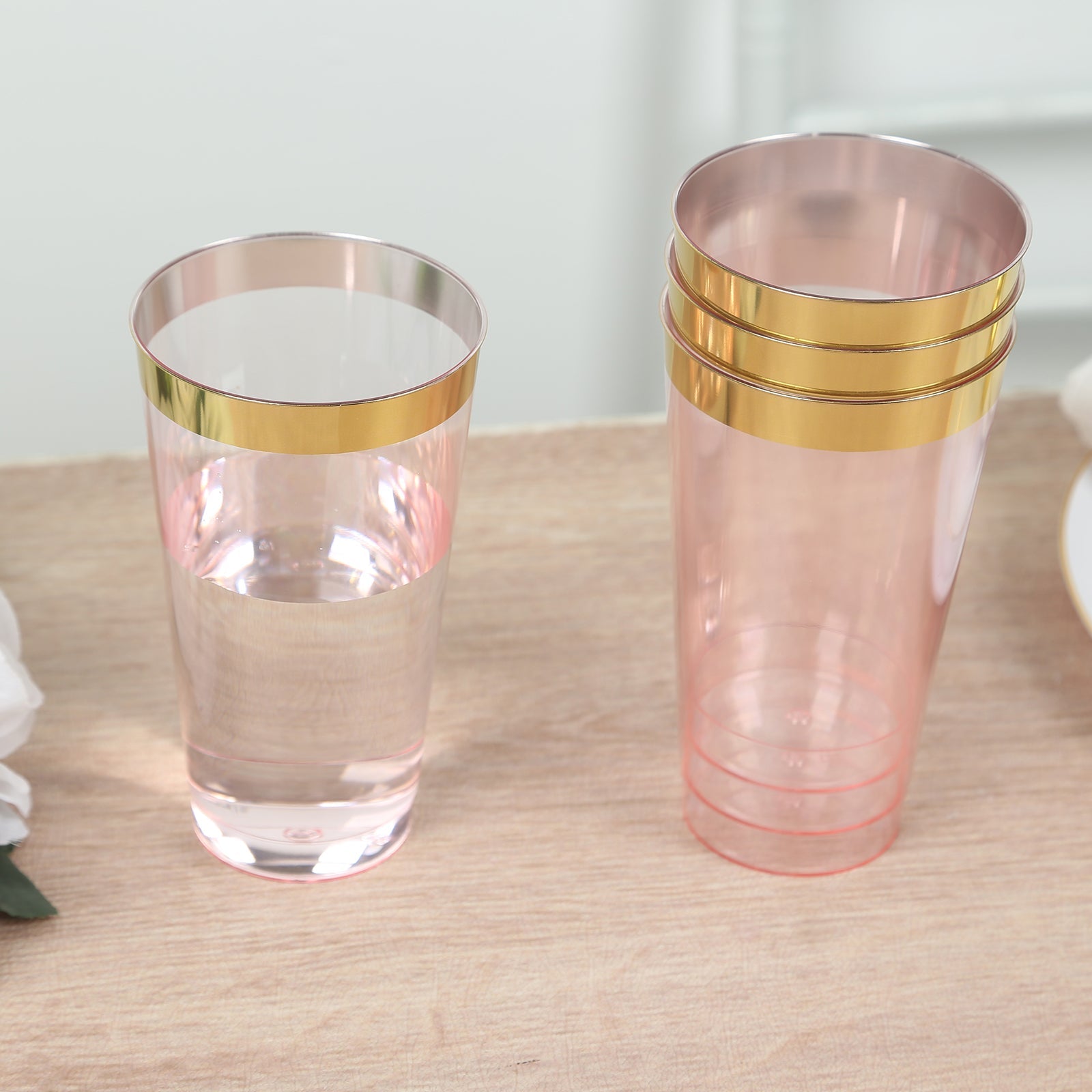 Hot Deal! 12-Pack 17oz Durable Disposable Plastic Party Cups with Transparent Blush and Gold Rim