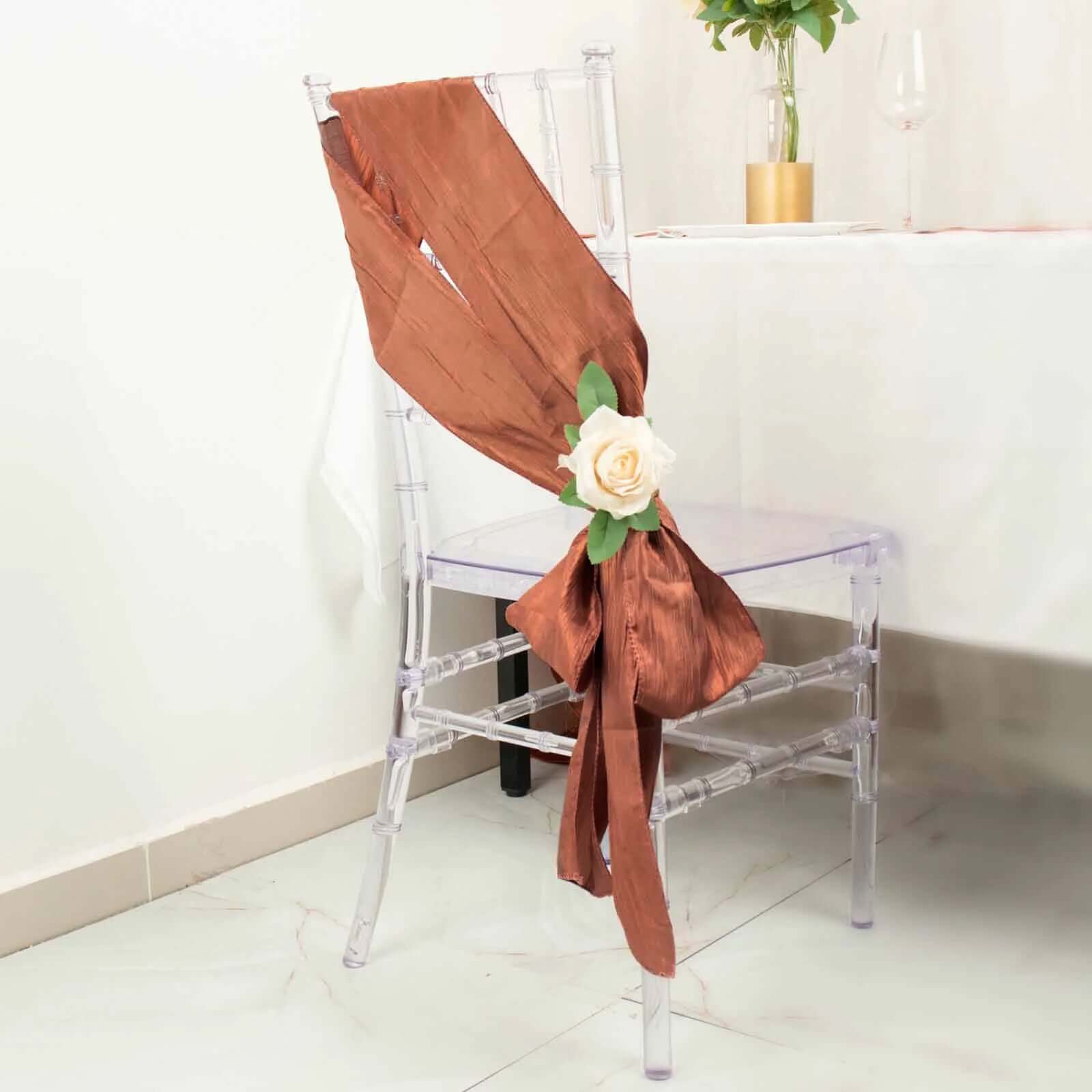 5-Piece Terracotta (Rust) Accordion Crinkle Taffeta Chair Sashes 6x106 - Ideal for Weddings & Gatherings