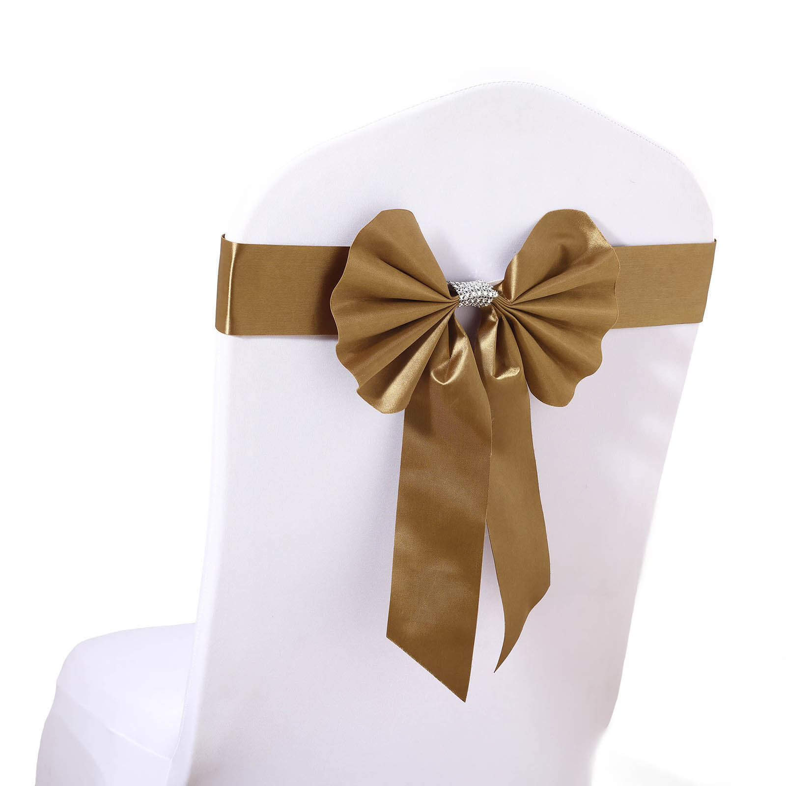 5-Pack Gold Satin Faux Leather Chair Sashes with Rhinestone Buckles - Ideal Party Decor