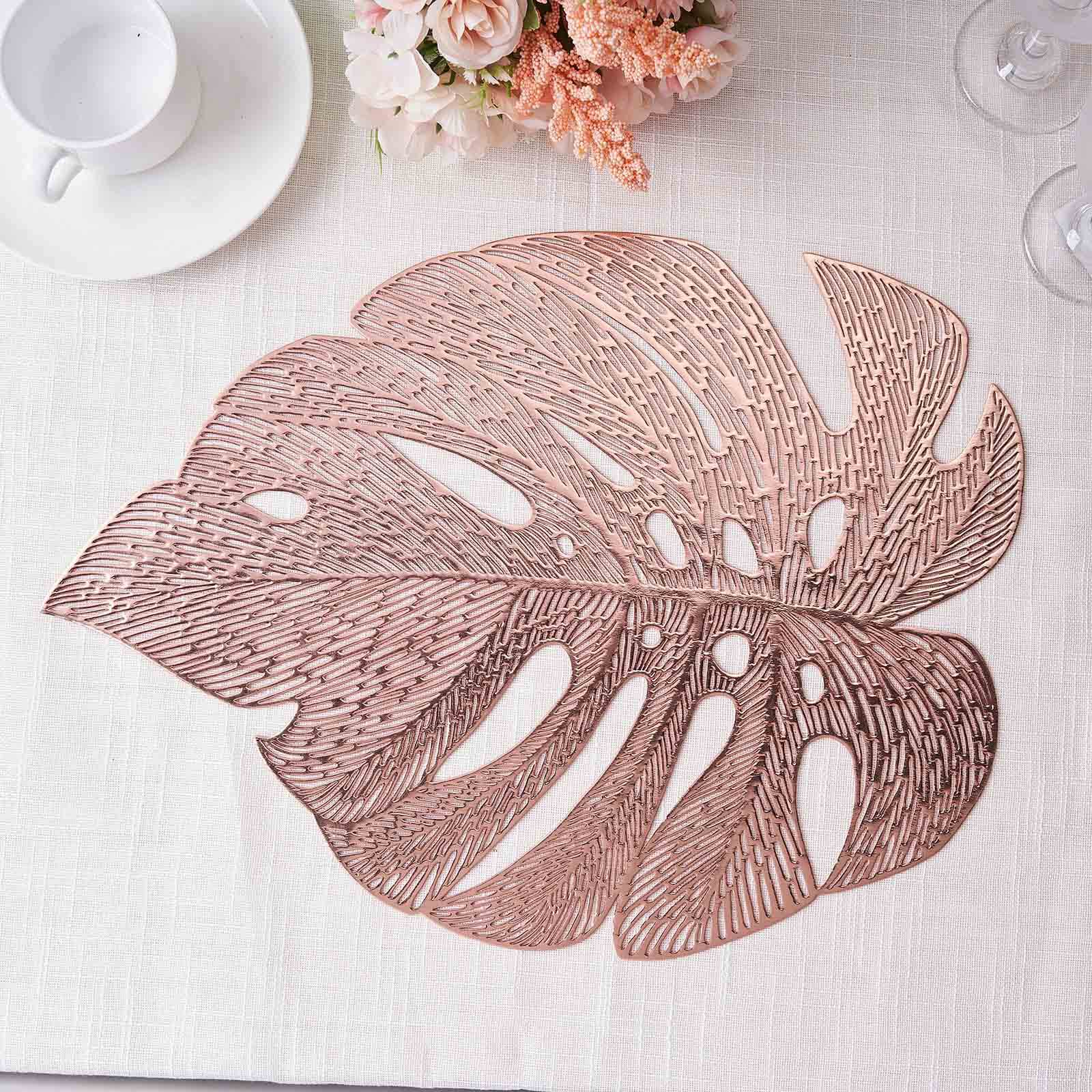 6-Piece Rose Gold Monstera Leaf Design Vinyl Dining Table Mats - Non-Slip for Tropical Decor